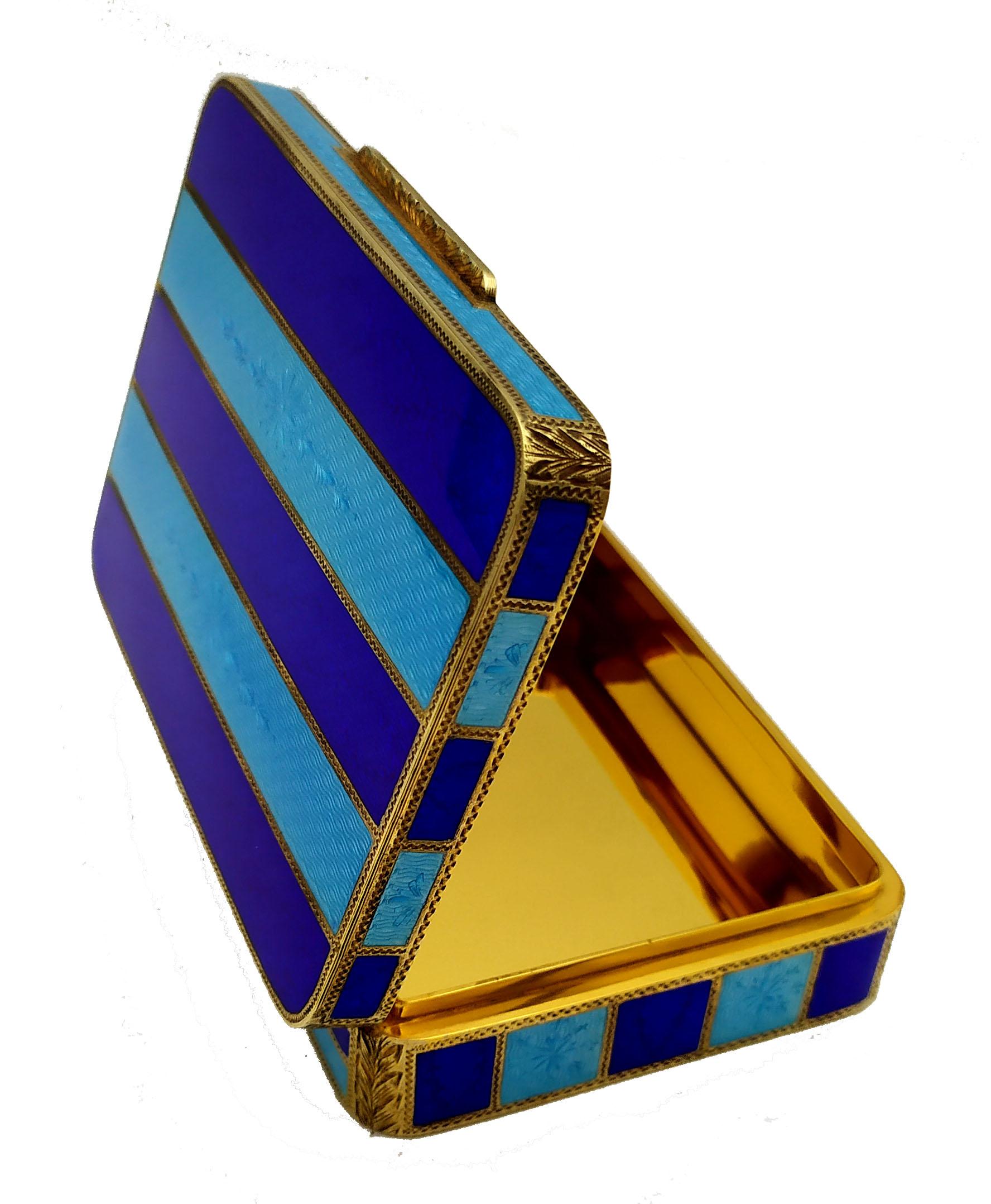 Hand-Carved Table Box Blue and Light Blue Stripes Guillochè and Enamel Sterling Silver Salim For Sale