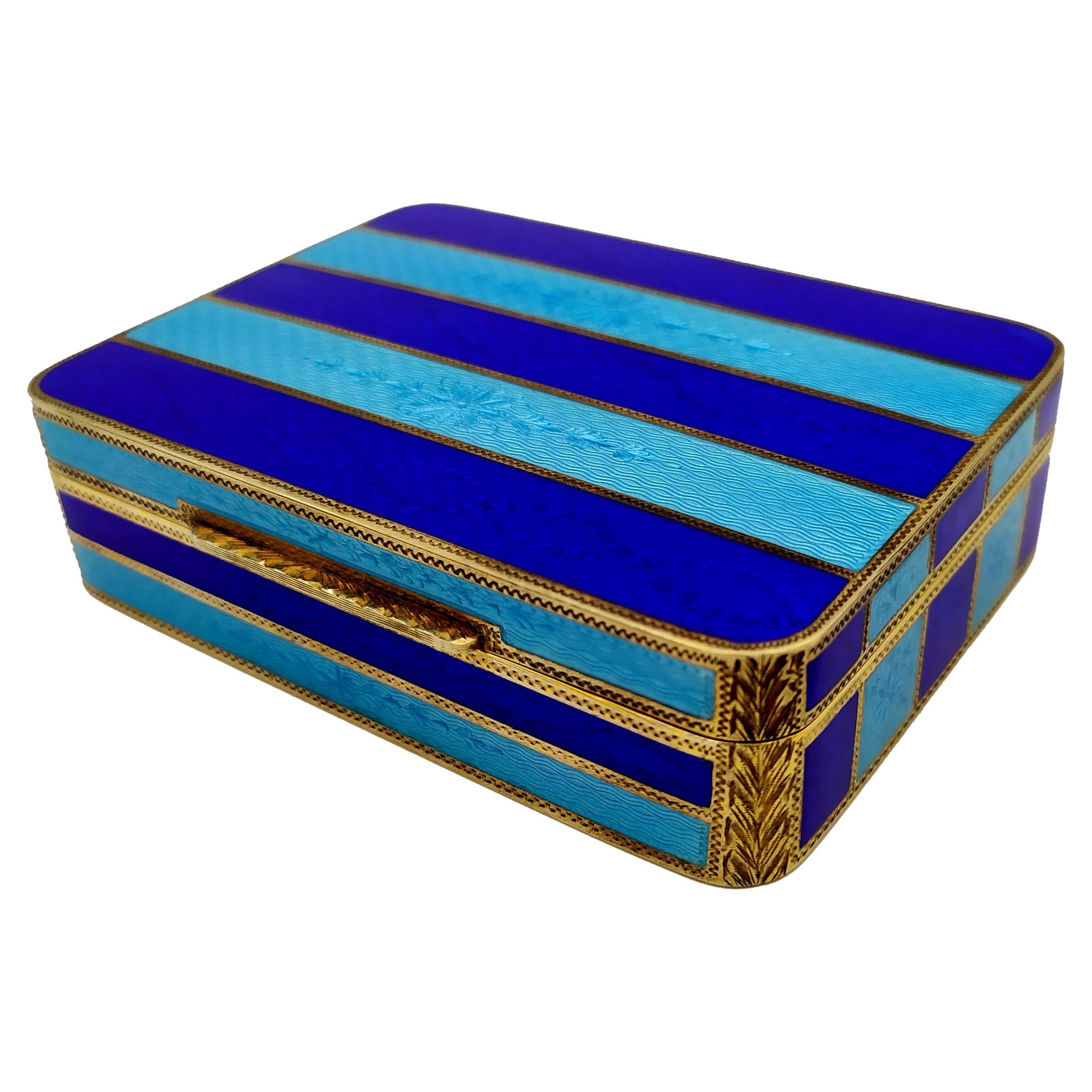 Boîte de table Rayures bleues et bleues claires Guillochè et émail Argent Sterling Salim en vente