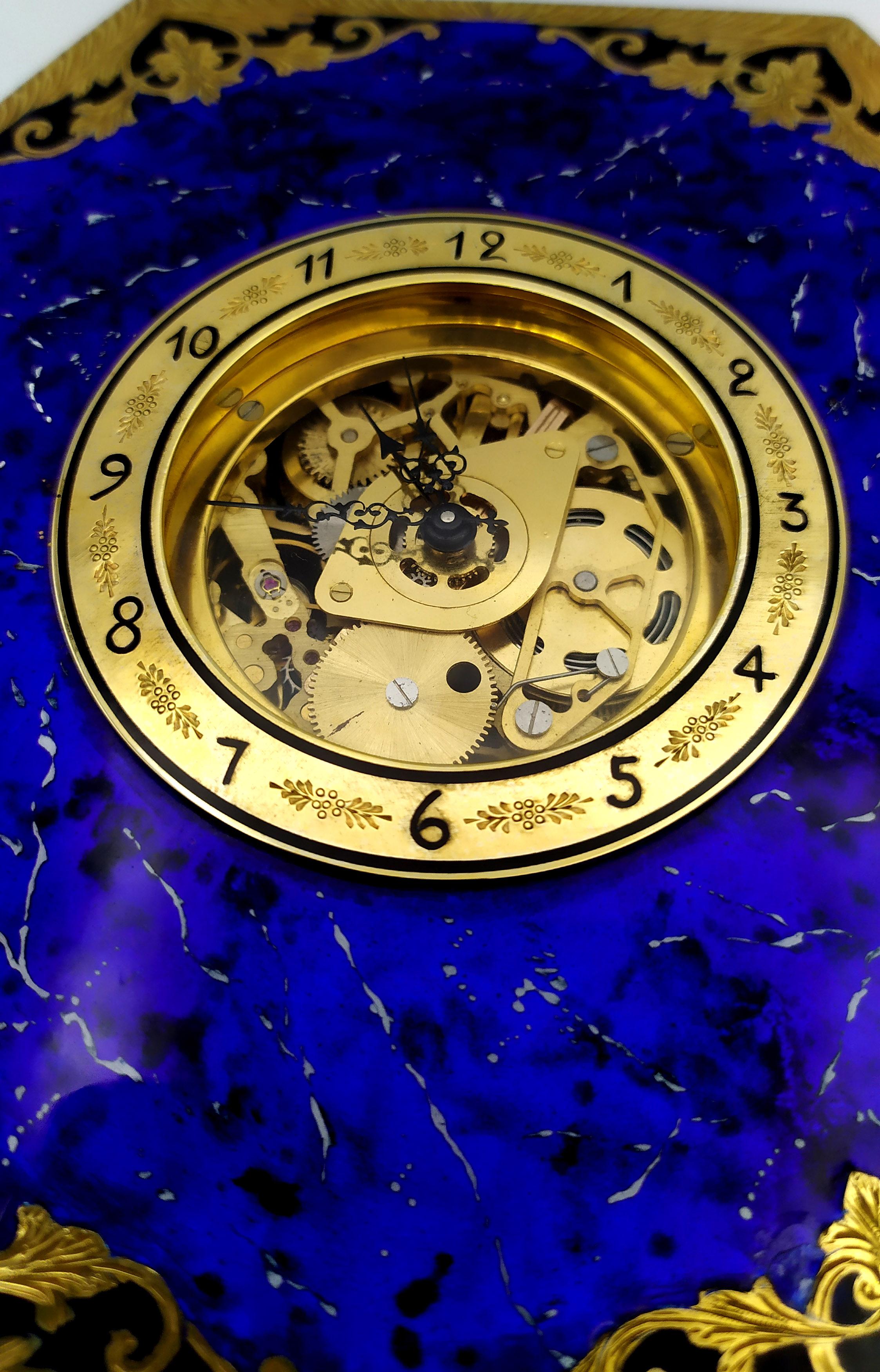 Large hexagonal table box with clock on the lid, in 925/1000 sterling silver gold plated with hand-painted fire enamel like lapis lazuli stone, with engravings and decorations hand-engraved in French Empire Napoleon III style, also on the sides.