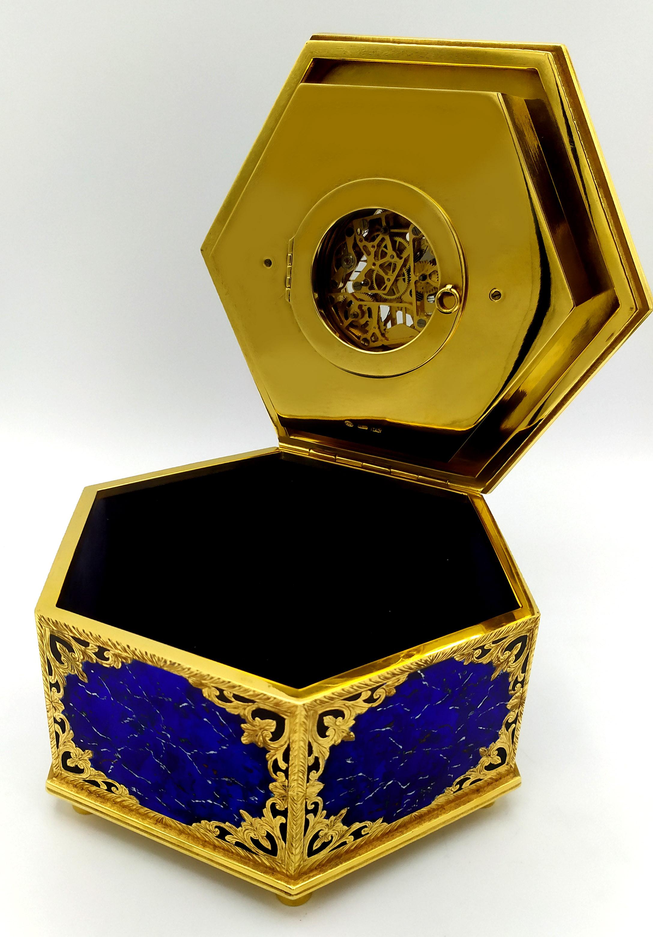 Hand-Carved Table Box Clock Swiss mechanical skeletal movement on the lid Salimbeni For Sale