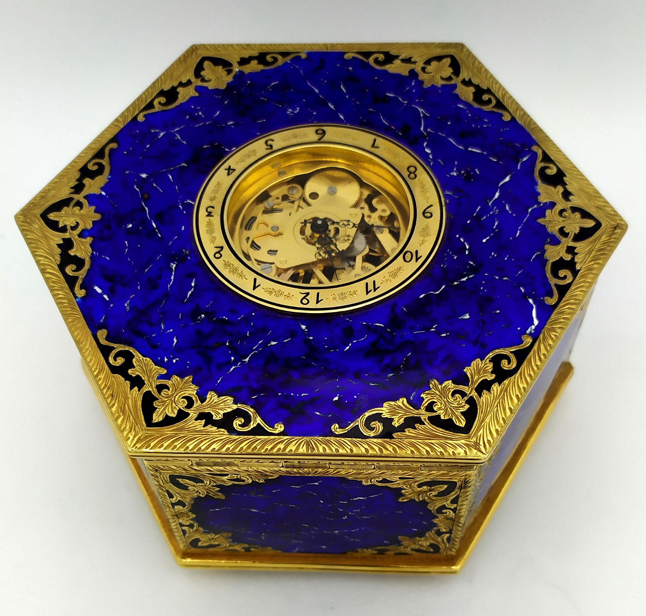 Sterling Silver Table Box Clock Swiss mechanical skeletal movement on the lid Salimbeni For Sale