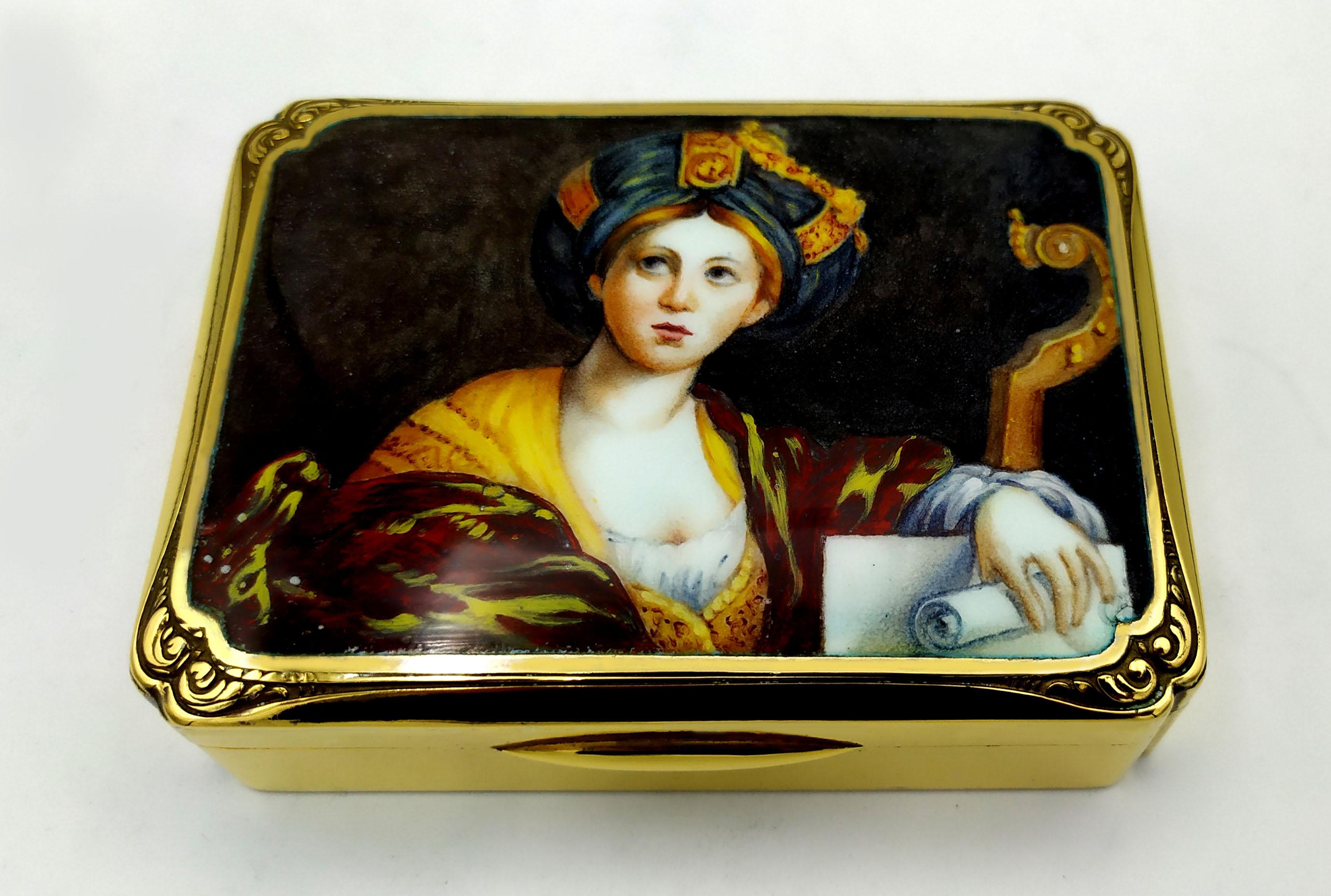 Rectangular box with inward corners in sterling silver 925/1000 gold plated with beautiful miniature fire enameled and hand painted by the painter Beatrice Mellana depicting the painting 