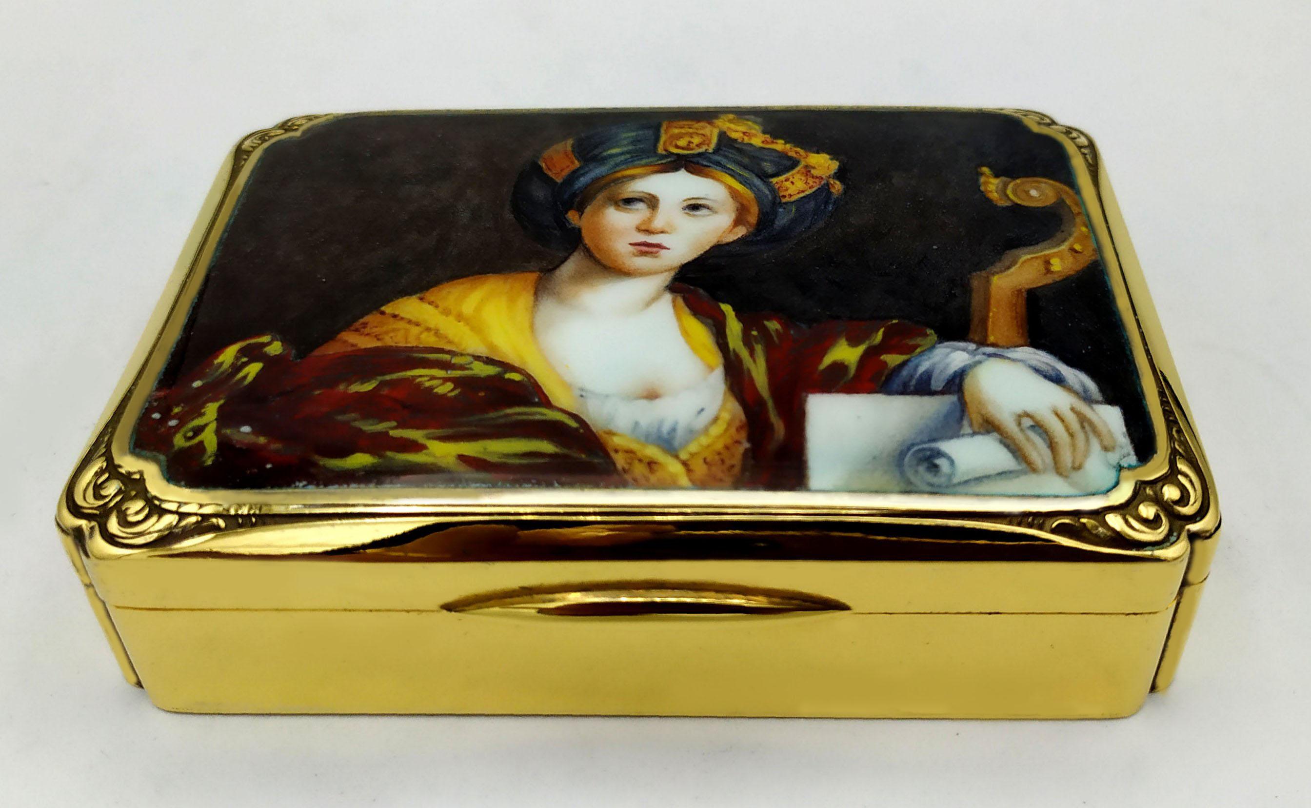 Baroque Table Box Enamel on Guilloche and Hand Painted Miniature Sterling Silver Salimb For Sale