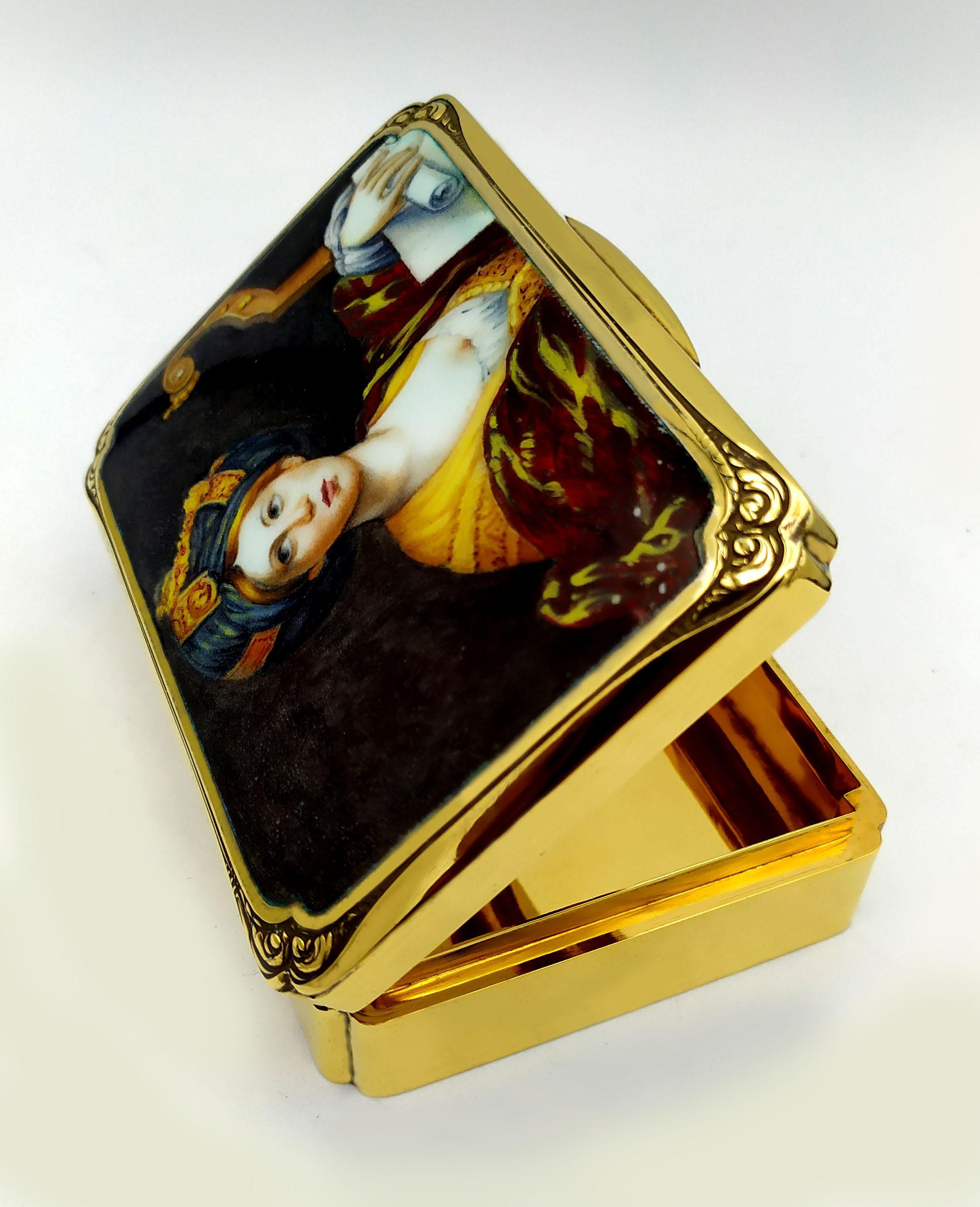 Mid-20th Century Table Box Enamel on Guilloche and Hand Painted Miniature Sterling Silver Salimb For Sale