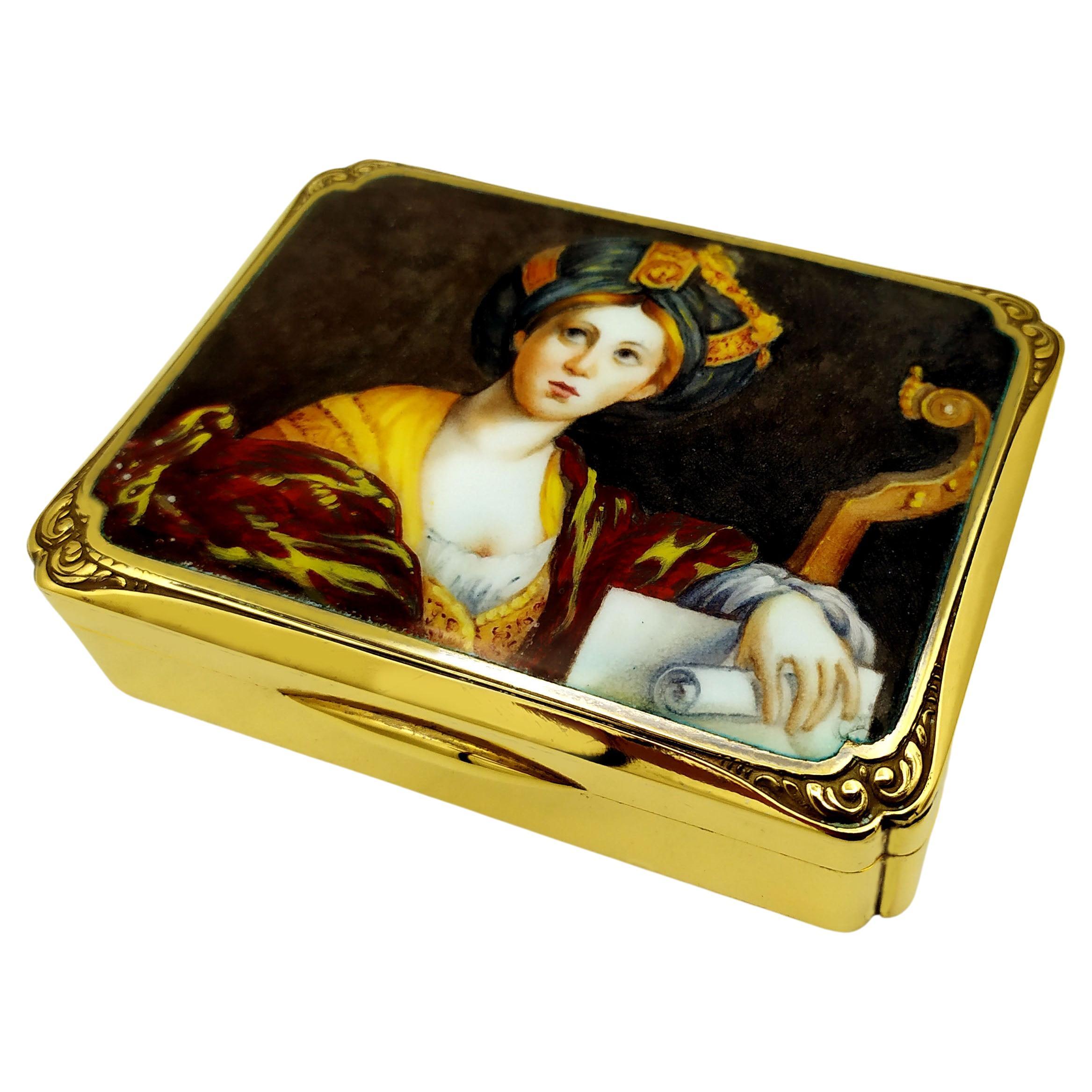 Table Box Enamel on Guilloche and Hand Painted Miniature Sterling Silver Salimb