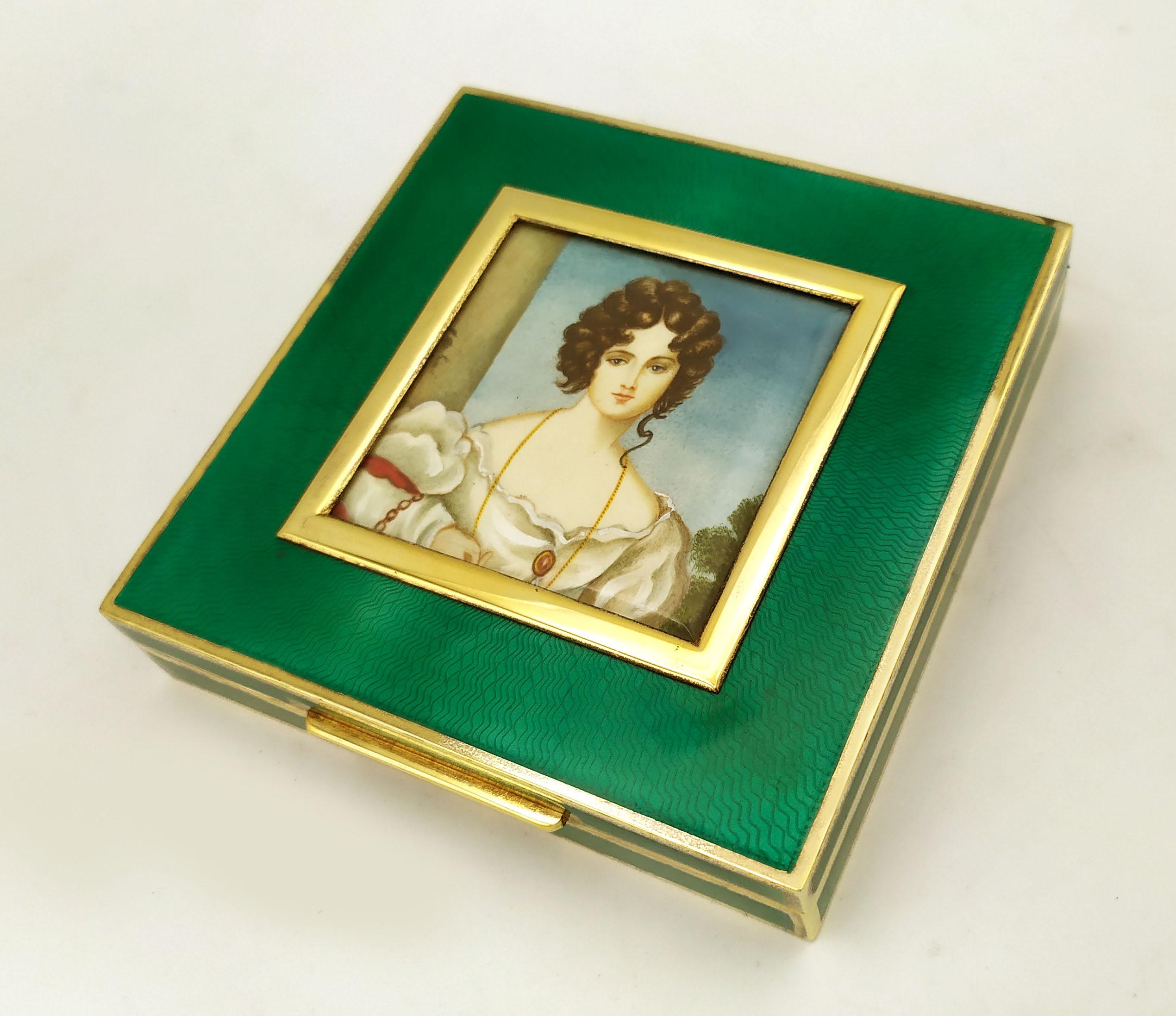 Modern Table Box Enamel on Guilloche Hand Painted Miniature Sterling Silver Salimbeni For Sale