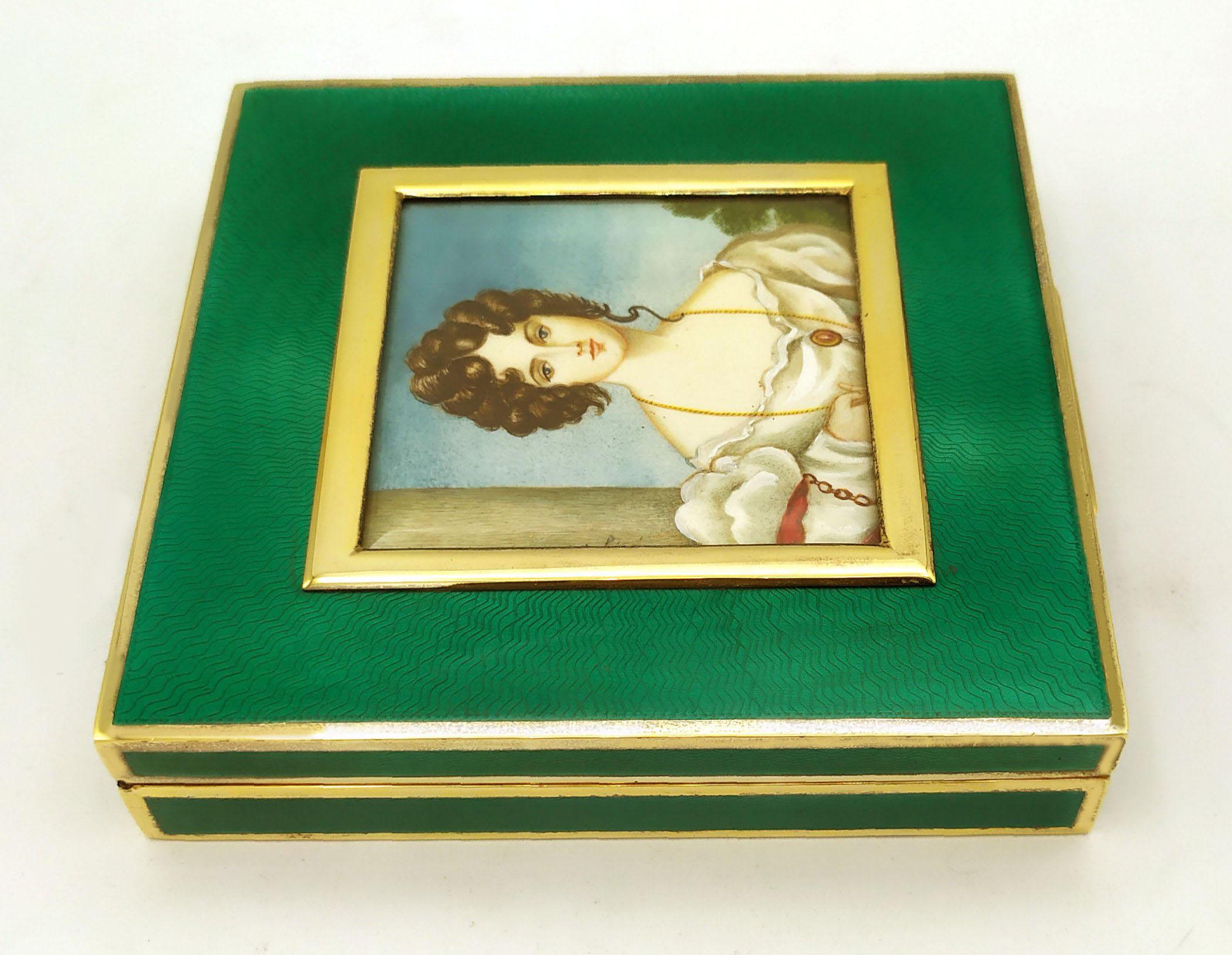 Italian Table Box Enamel on Guilloche Hand Painted Miniature Sterling Silver Salimbeni For Sale