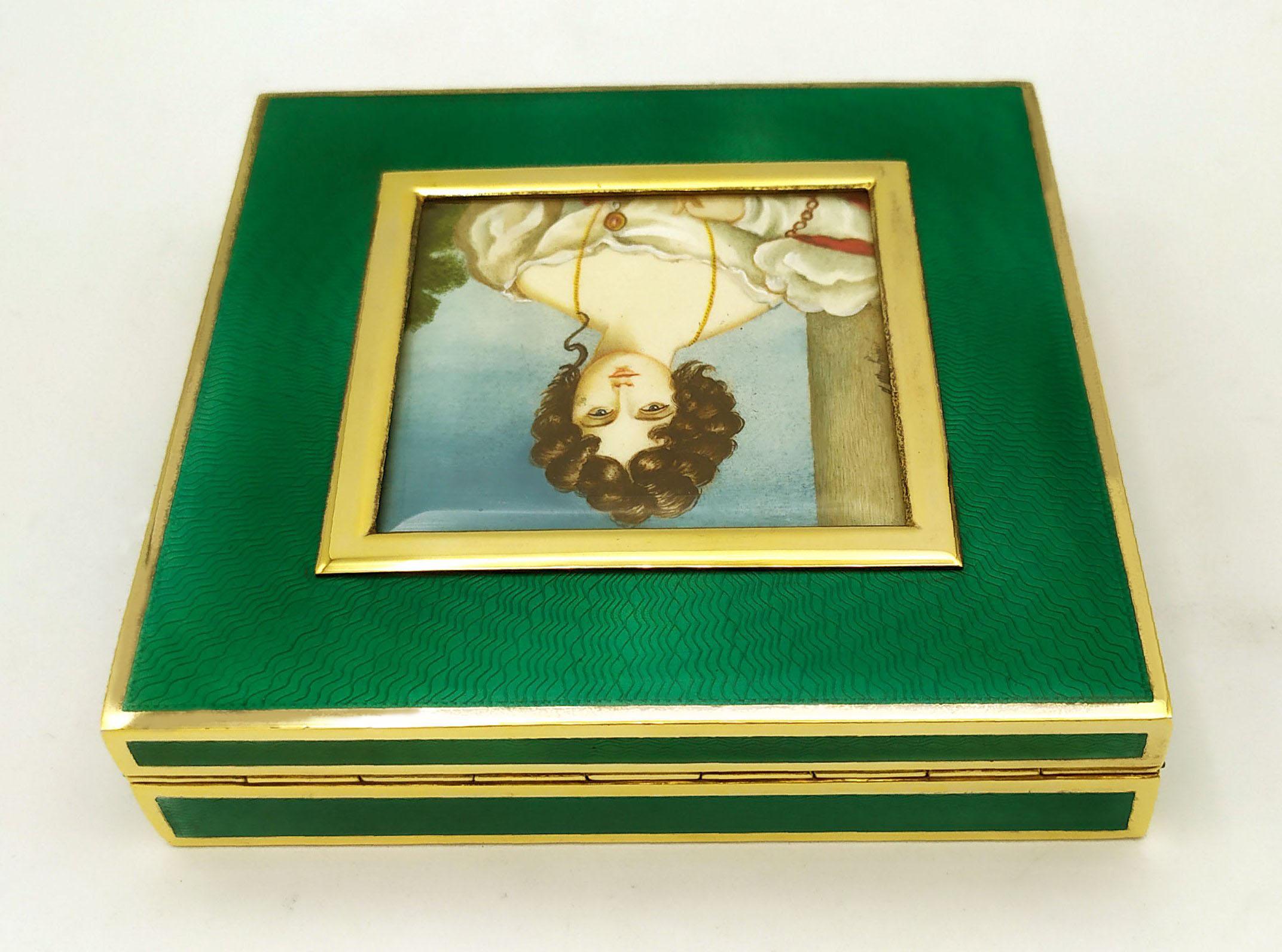 Hand-Painted Table Box Enamel on Guilloche Hand Painted Miniature Sterling Silver Salimbeni For Sale