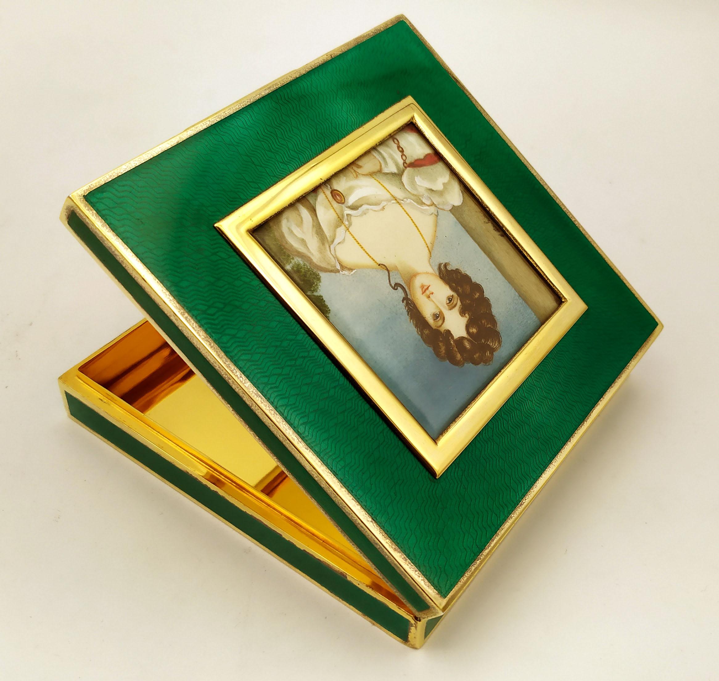 Late 20th Century Table Box Enamel on Guilloche Hand Painted Miniature Sterling Silver Salimbeni For Sale