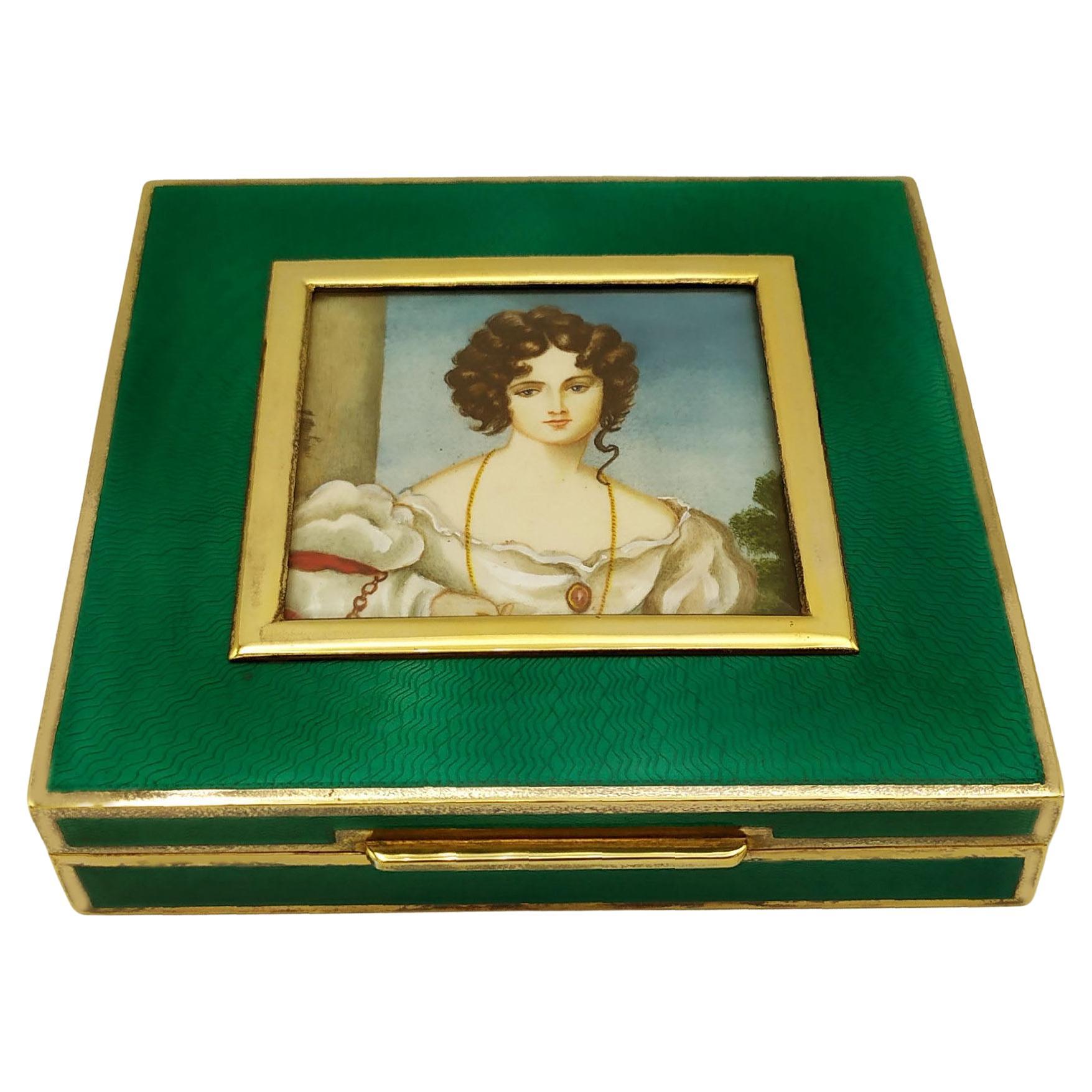 Table Box Enamel on Guilloche Hand Painted Miniature Sterling Silver Salimbeni