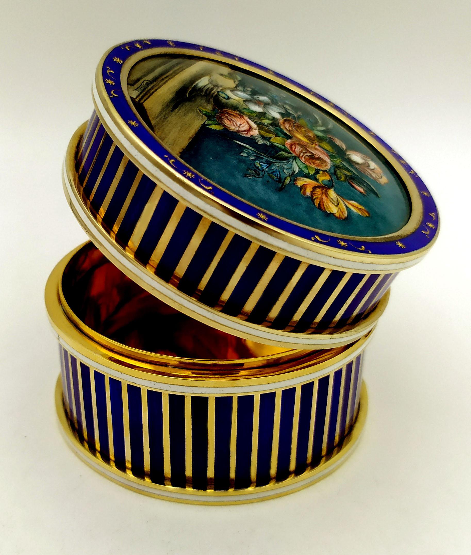 Hand-Carved Table Box Enamel on guillochè with “paillons” in pure gold on the upper circle S For Sale