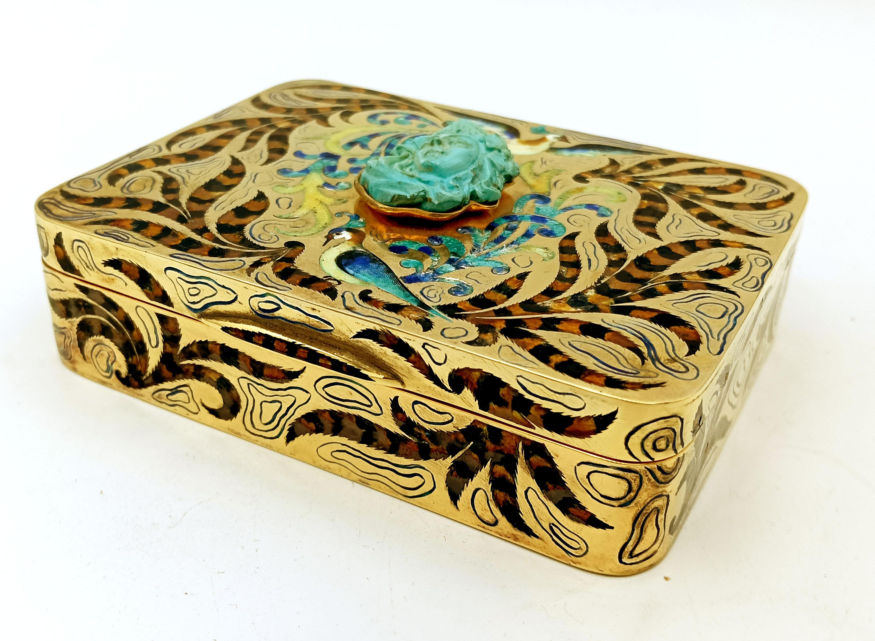 Art Deco table box enamel sterling silver peacocks with “ramage” Salimbeni For Sale