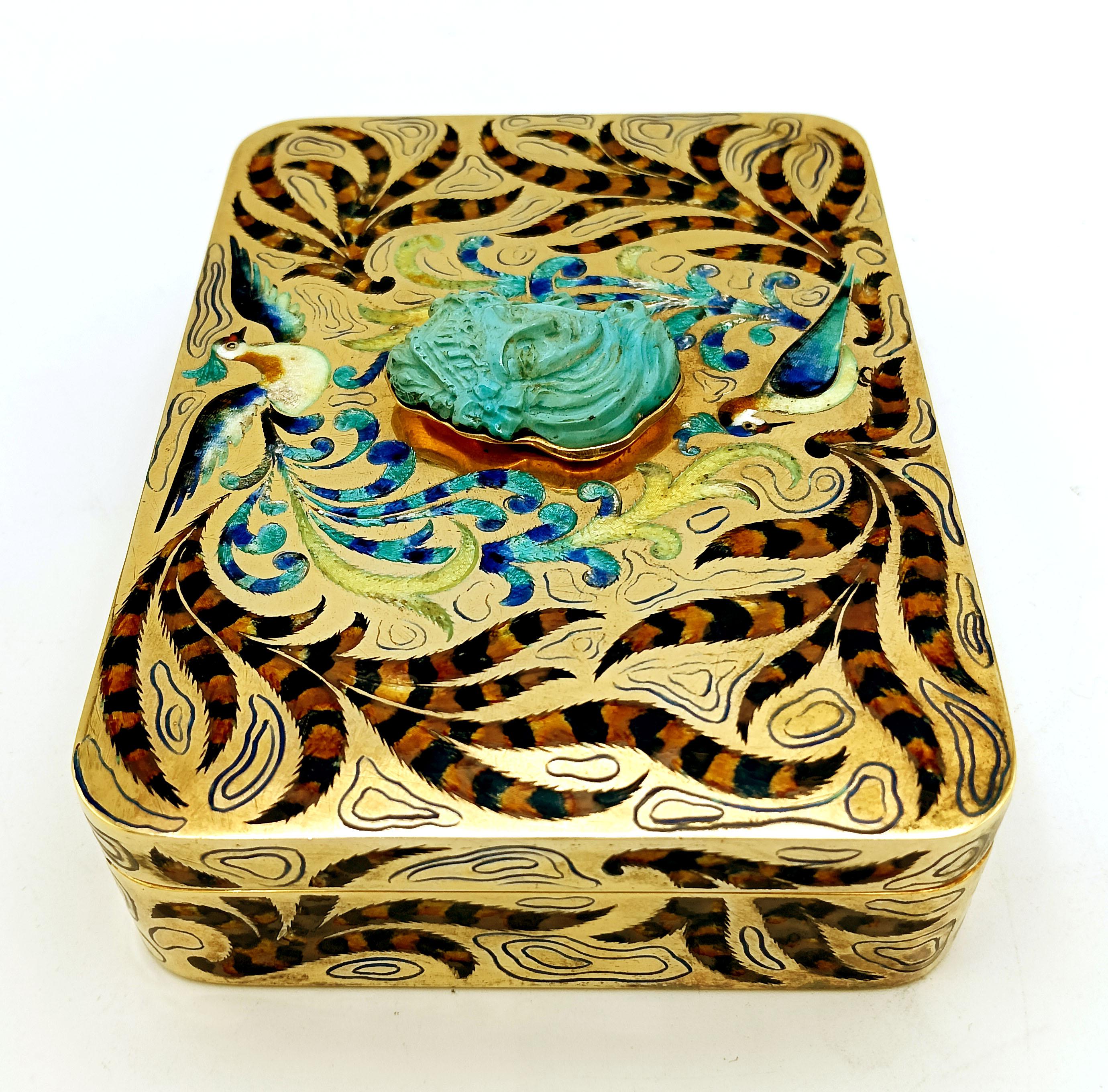Italian table box enamel sterling silver peacocks with “ramage” Salimbeni For Sale
