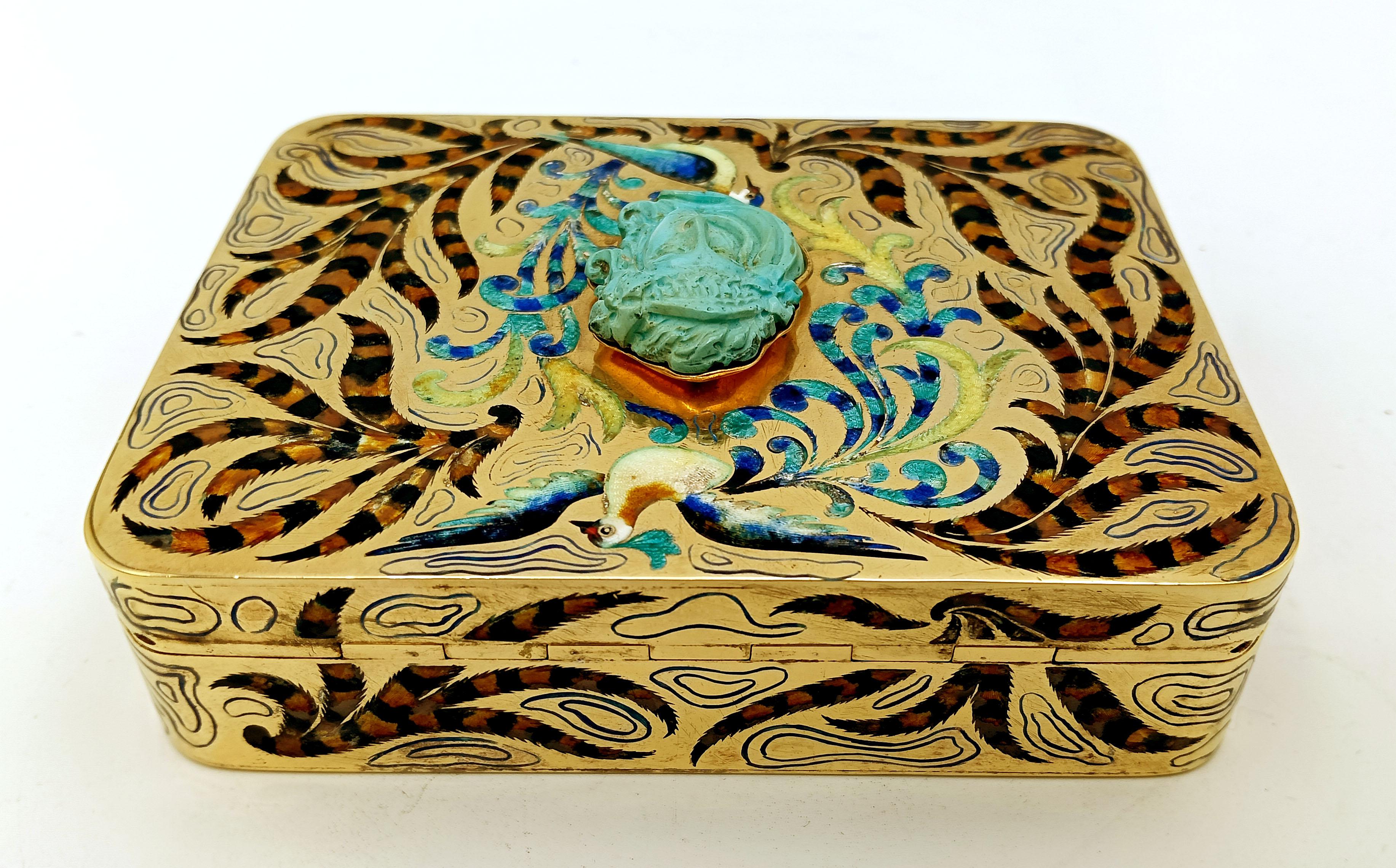 Enameled table box enamel sterling silver peacocks with “ramage” Salimbeni For Sale