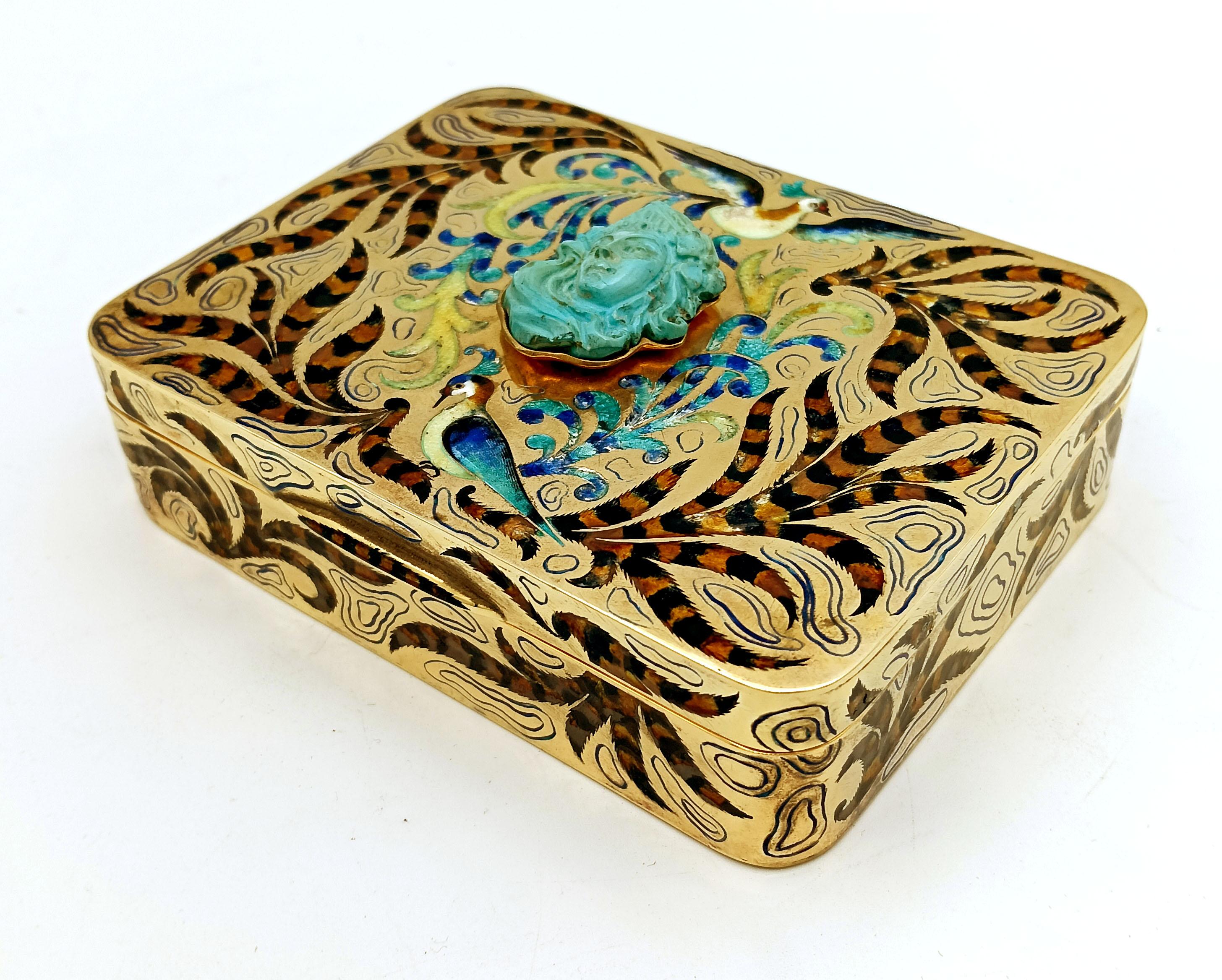 Gold table box enamel sterling silver peacocks with “ramage” Salimbeni For Sale