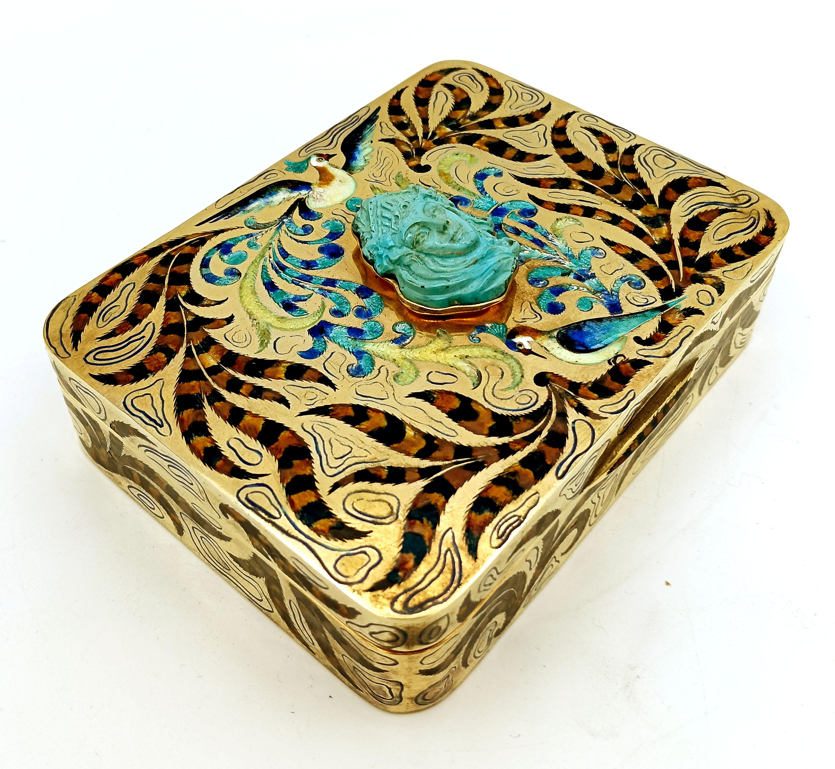 table box enamel sterling silver peacocks with “ramage” Salimbeni For Sale 1