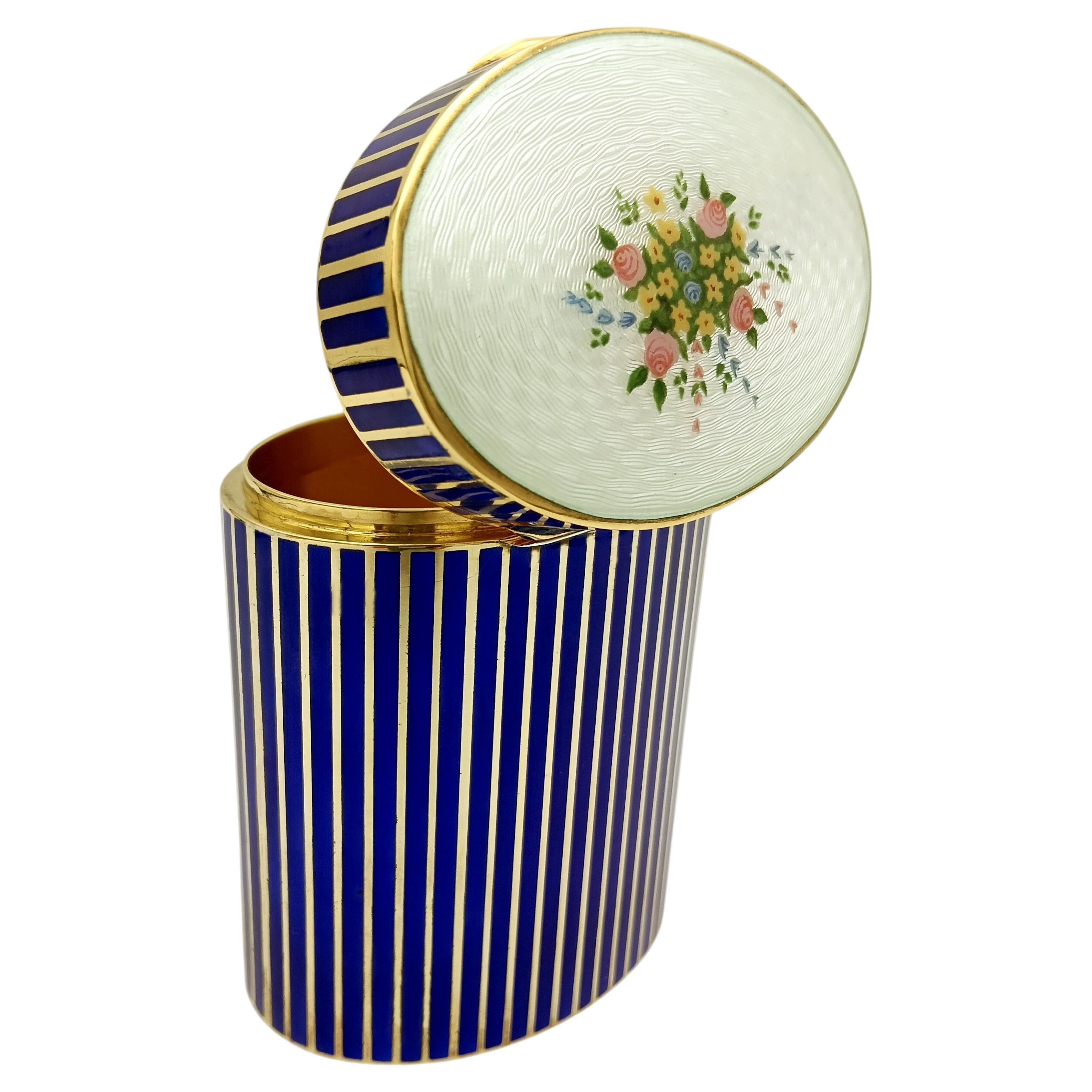 Table Box Enamel Sterling Silver w/ floral miniature and Blue stripes Salimbeni