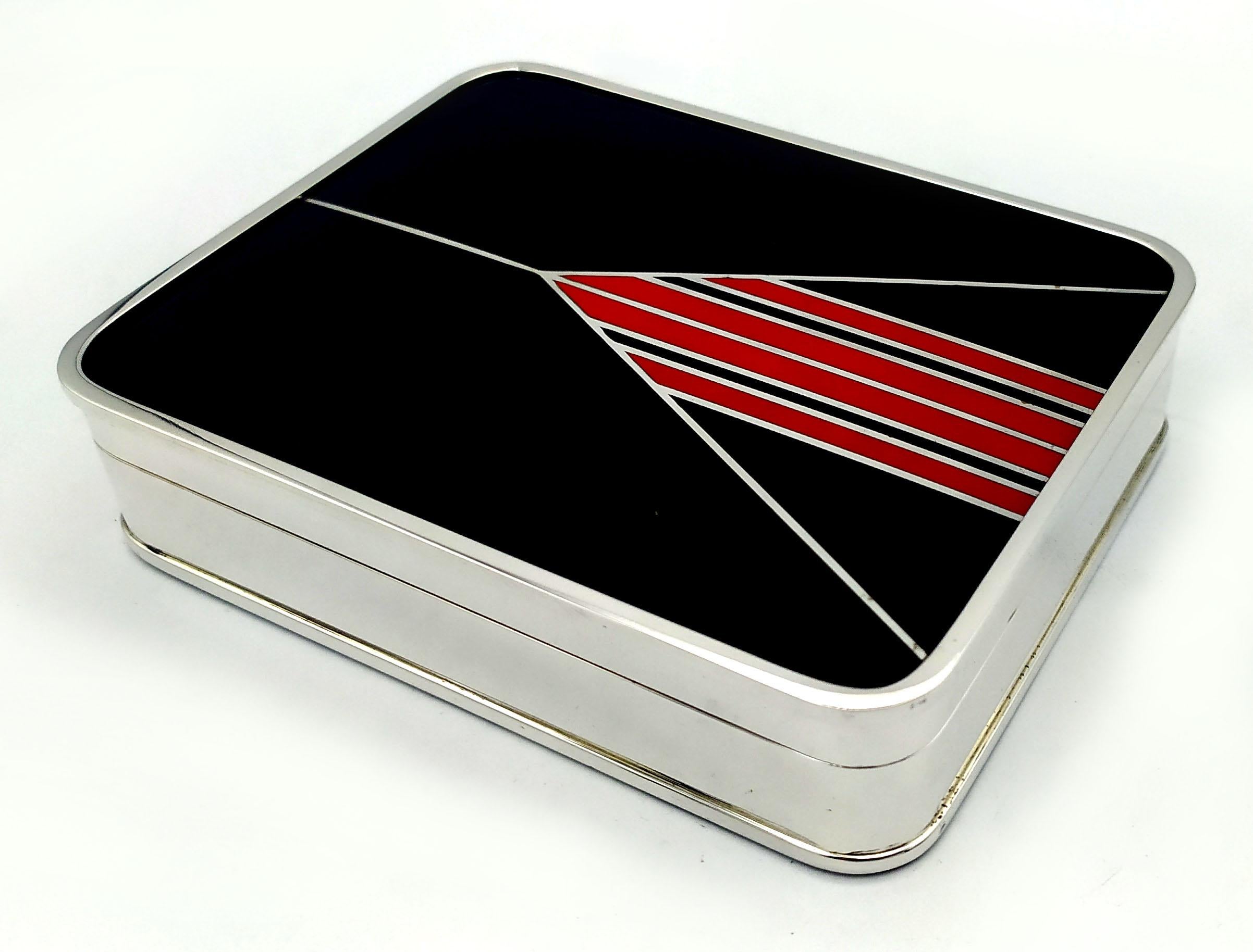 Late 20th Century Box Black Red Art Deco style designed for Cartier USA Sterling Silver Salimbeni For Sale