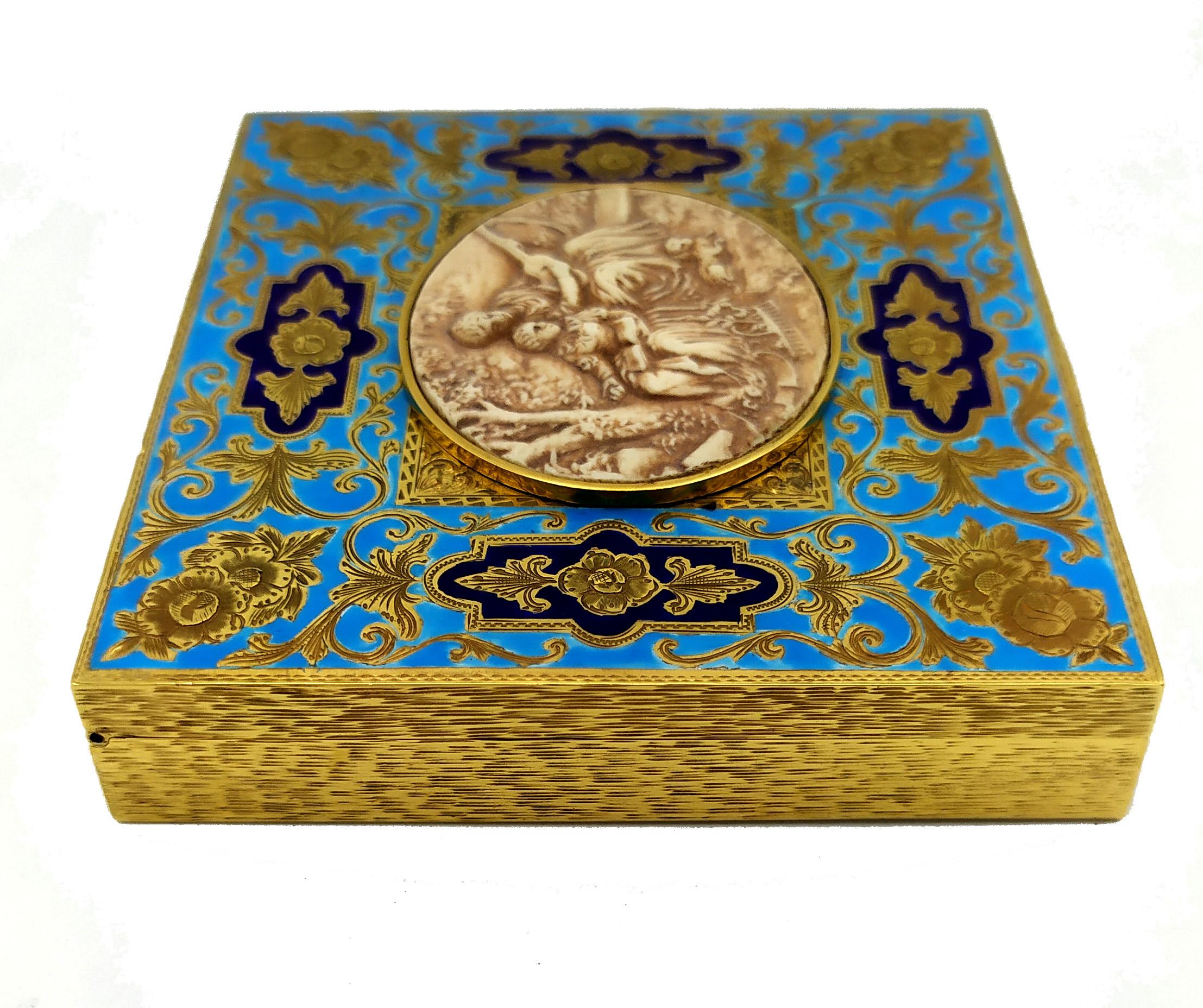 Baroque Boîte de table Émail cuit guillochè et gravures à la main Argent Salimbeni en vente