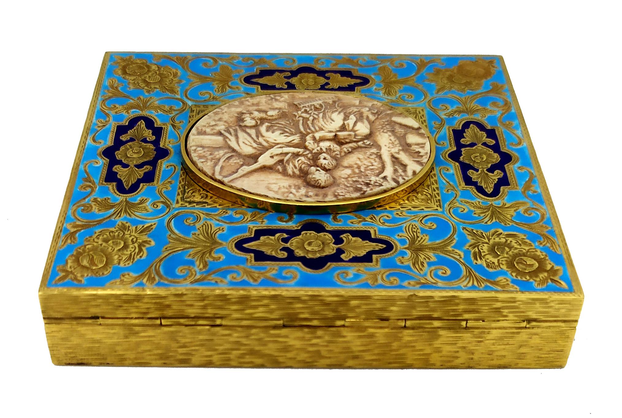 Italian Table Box Fired Enamel Guillochè and Hand Engravings Sterling Silver Salimbeni For Sale