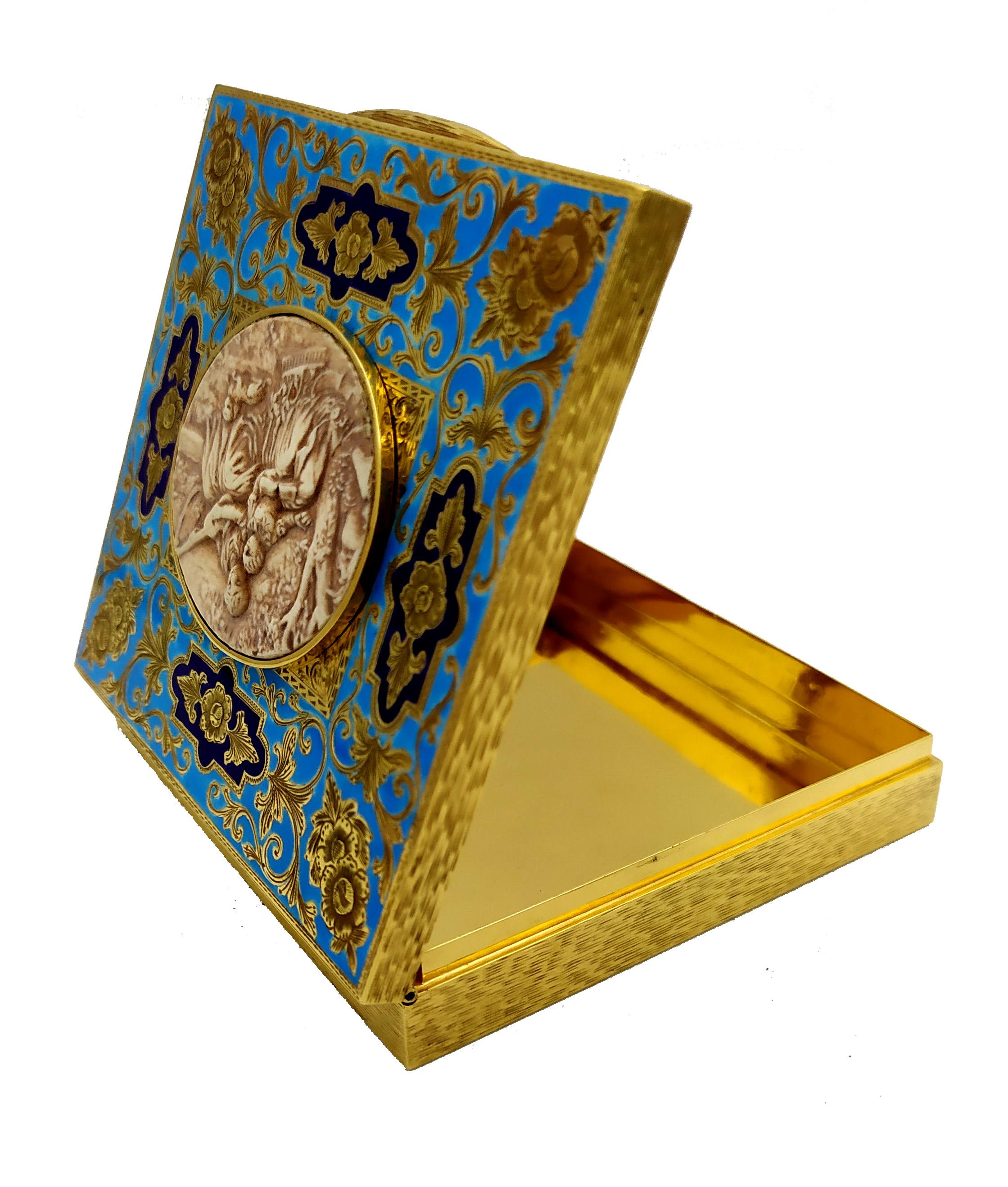Hand-Crafted Table Box Fired Enamel Guillochè and Hand Engravings Sterling Silver Salimbeni For Sale