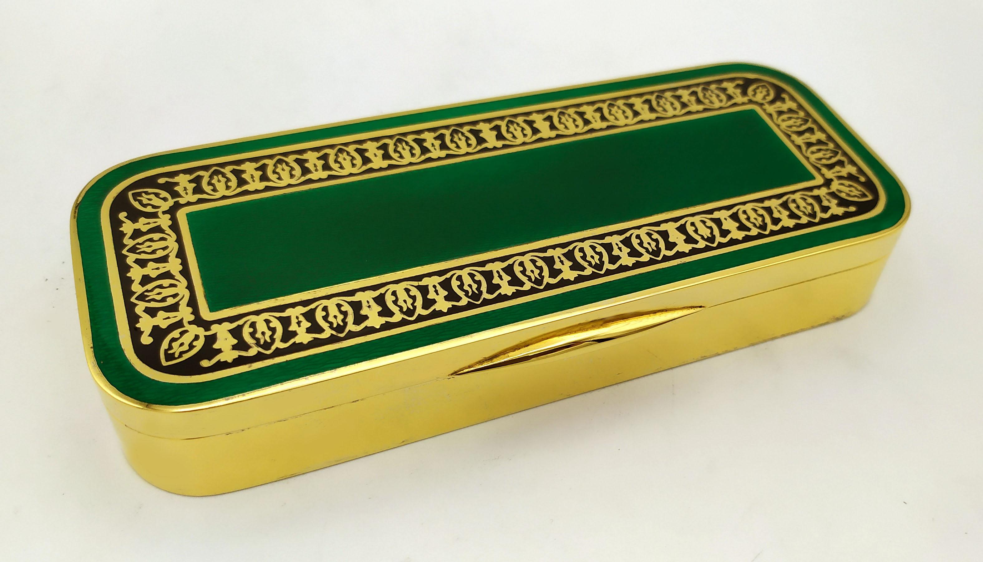 Gold Plate Table Box Fired Enamel on Guillochè Arab-Style Ornament Sterling Silver Salimben For Sale