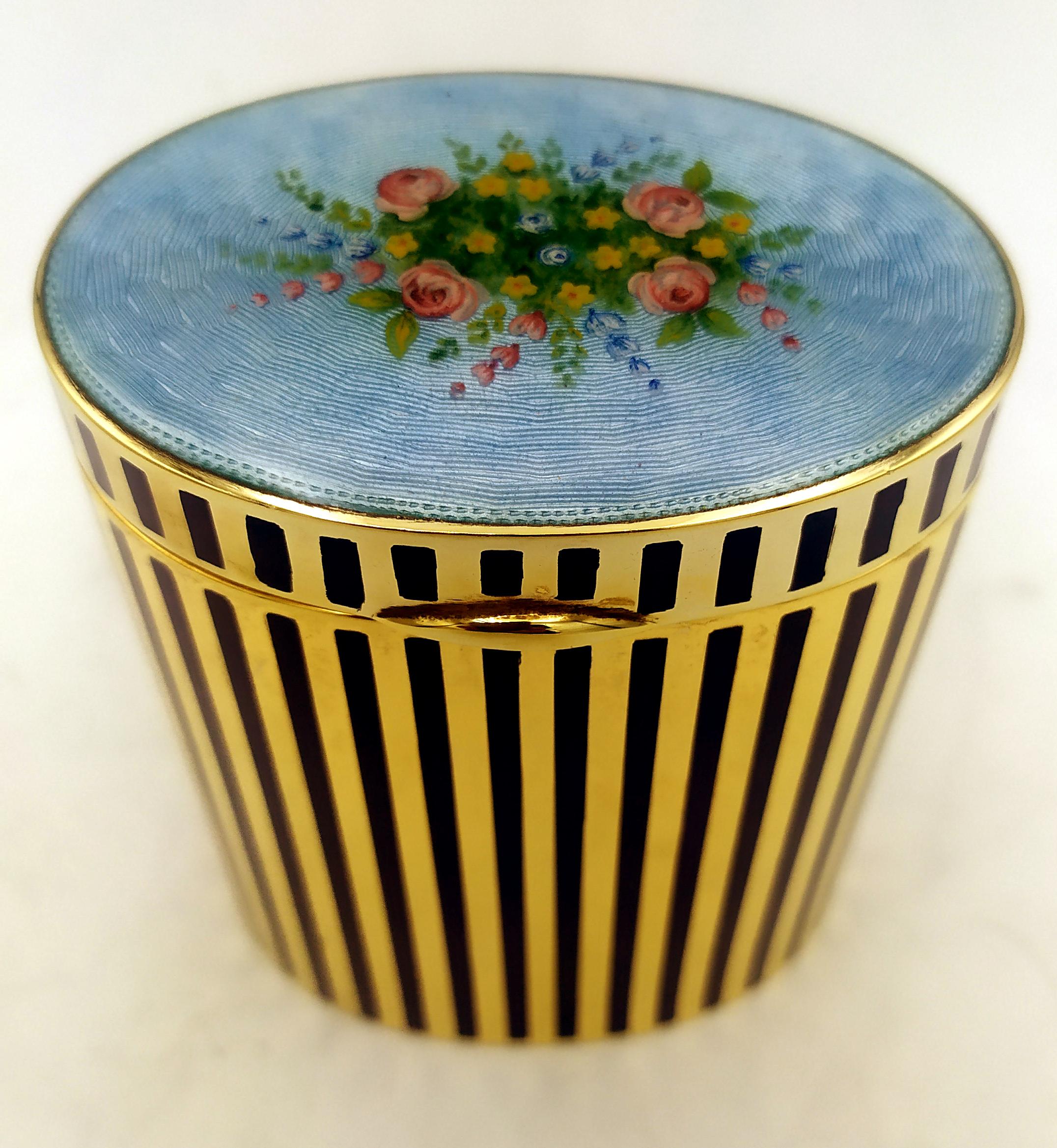 Enameled Table Box floral miniature fire-enameled on guilloche and stripes Salimbeni For Sale