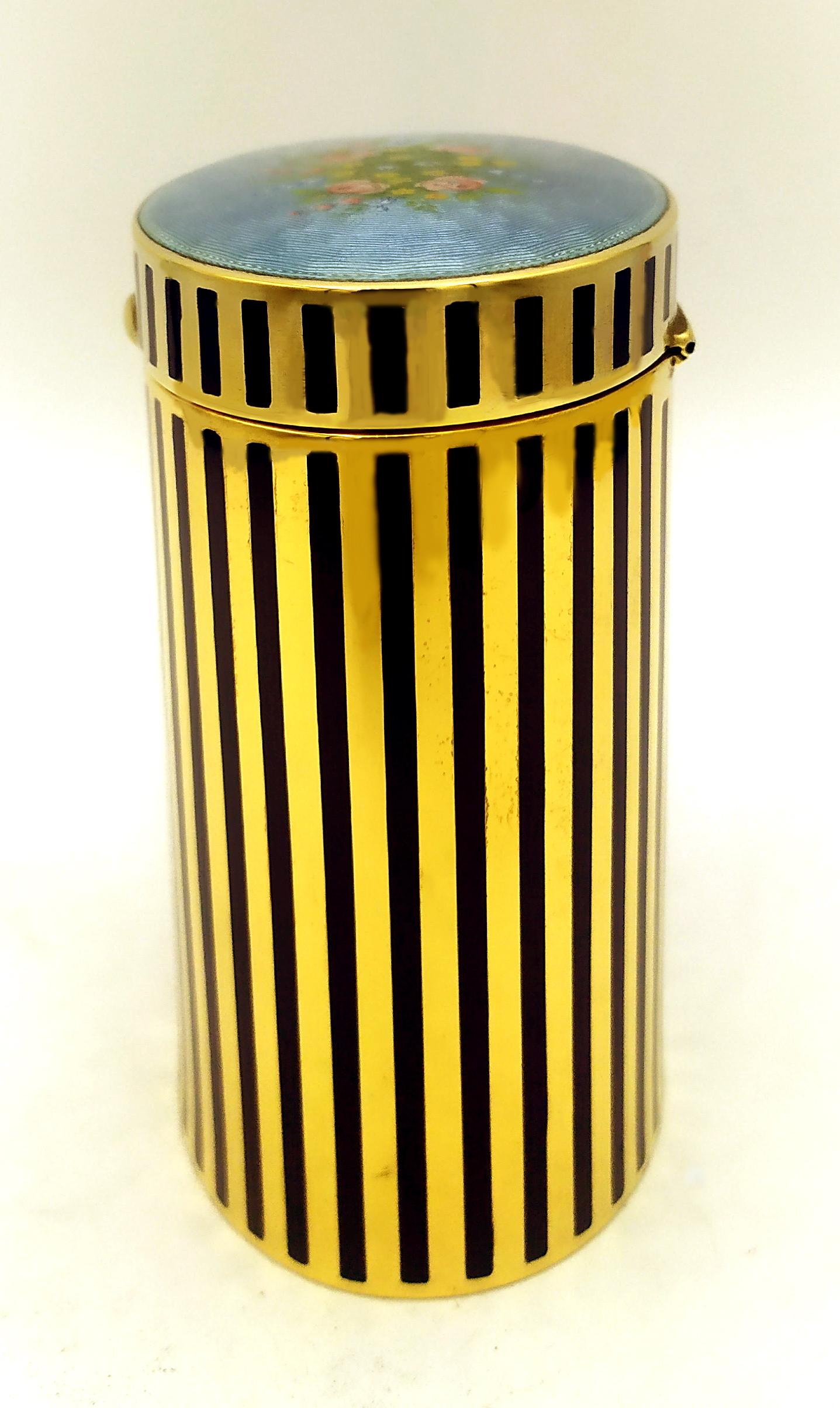 Mid-20th Century Table Box floral miniature fire-enameled on guilloche and stripes Salimbeni For Sale