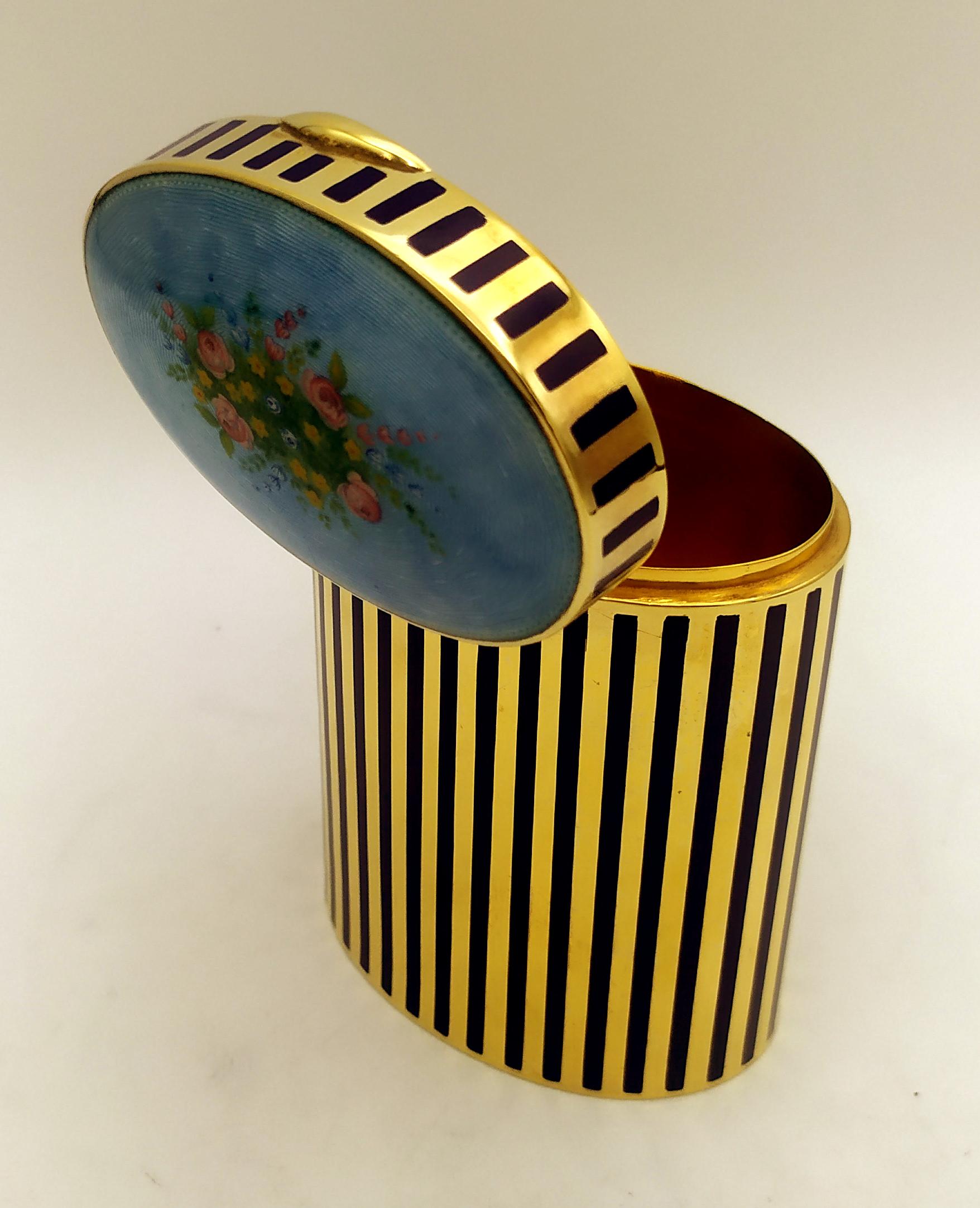 Sterling Silver Table Box floral miniature fire-enameled on guilloche and stripes Salimbeni For Sale