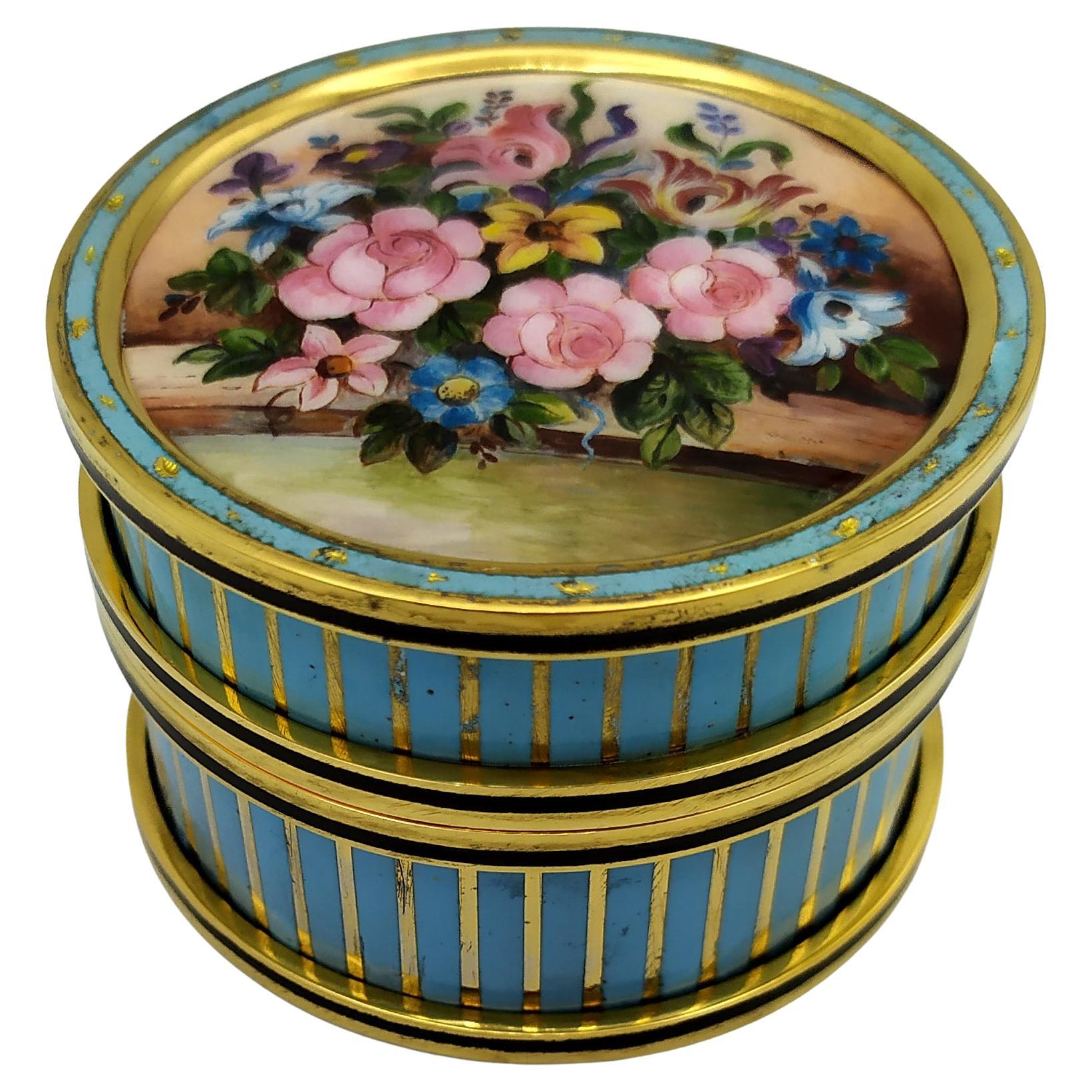 Caja de mesa miniatura floral esmaltada al fuego sobre rayas verticales guilloché Salimbeni