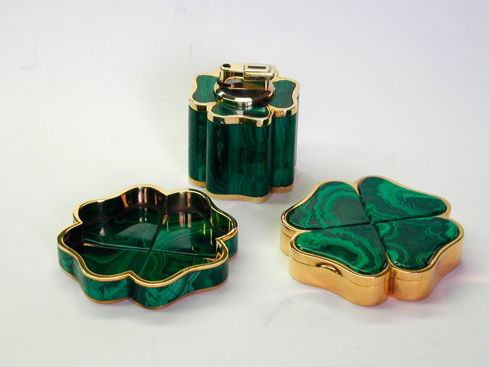 Hand-Carved Table Box Four-Leaf Clover Malachite Stone and Sterling Silver Salimbeni For Sale