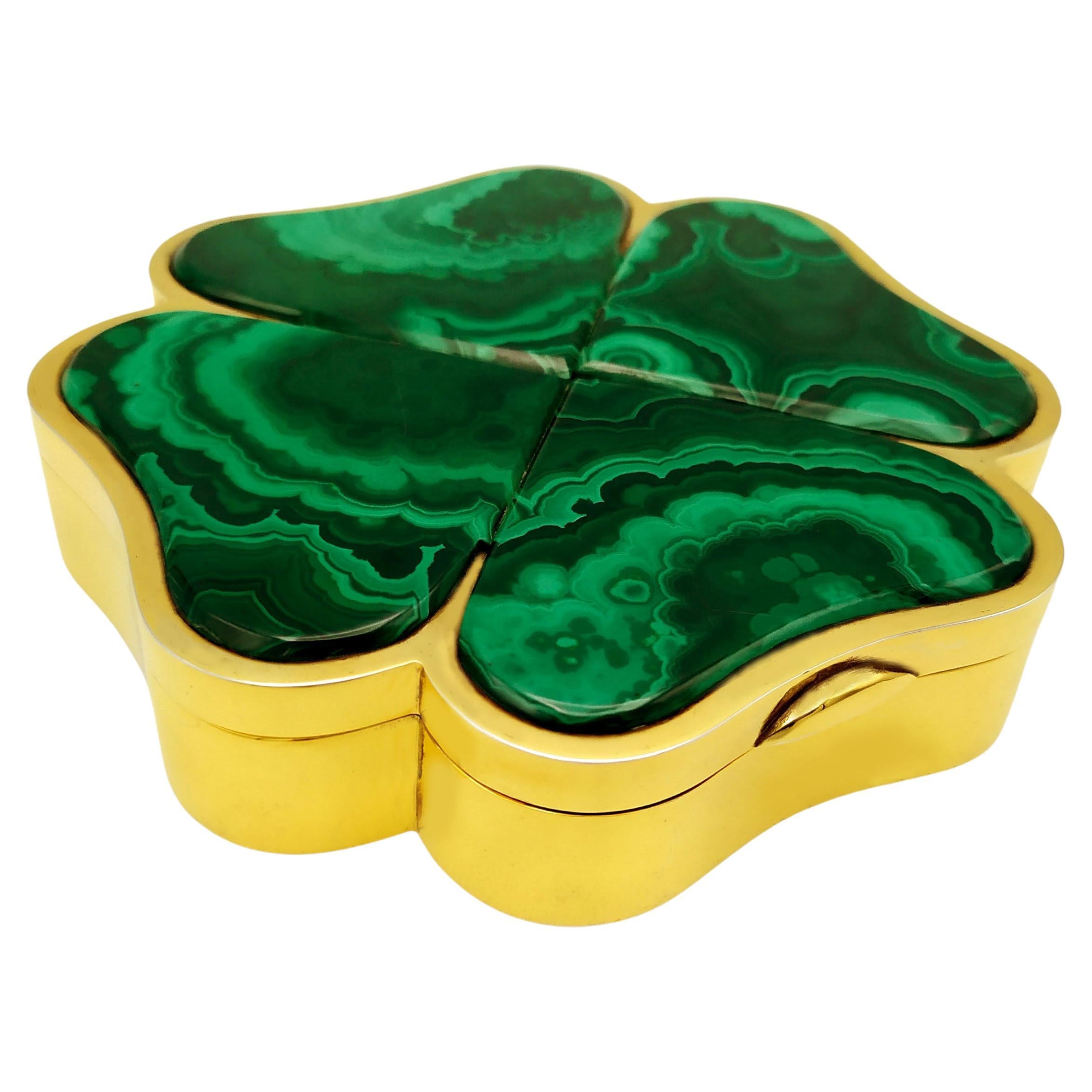 Table Box Four-Leaf Clover Malachite Stone and Sterling Silver Salimbeni For Sale