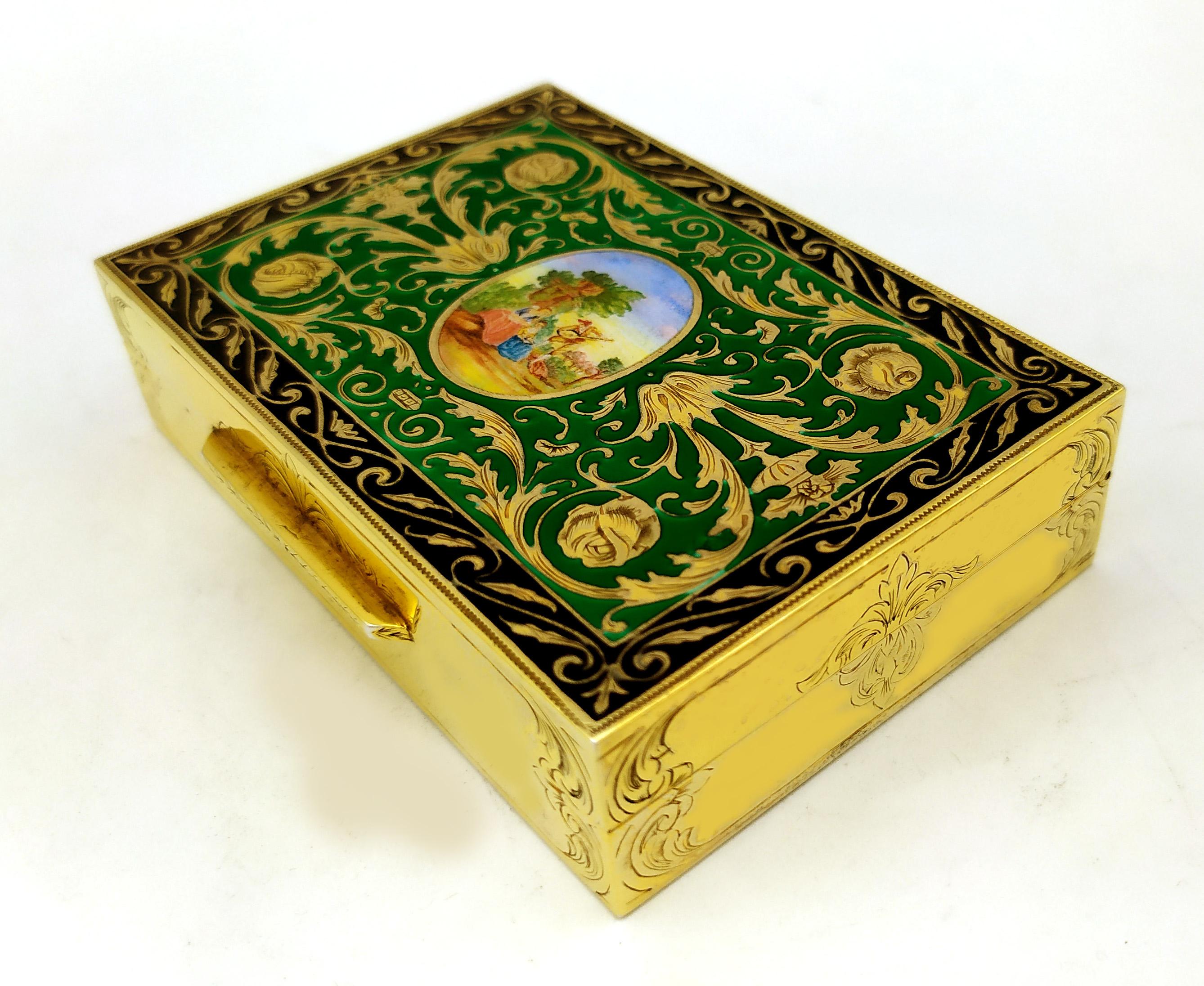 Hand-Carved Table Box Green in French Empire Louis XVI style Sterling Silver Salimbeni For Sale