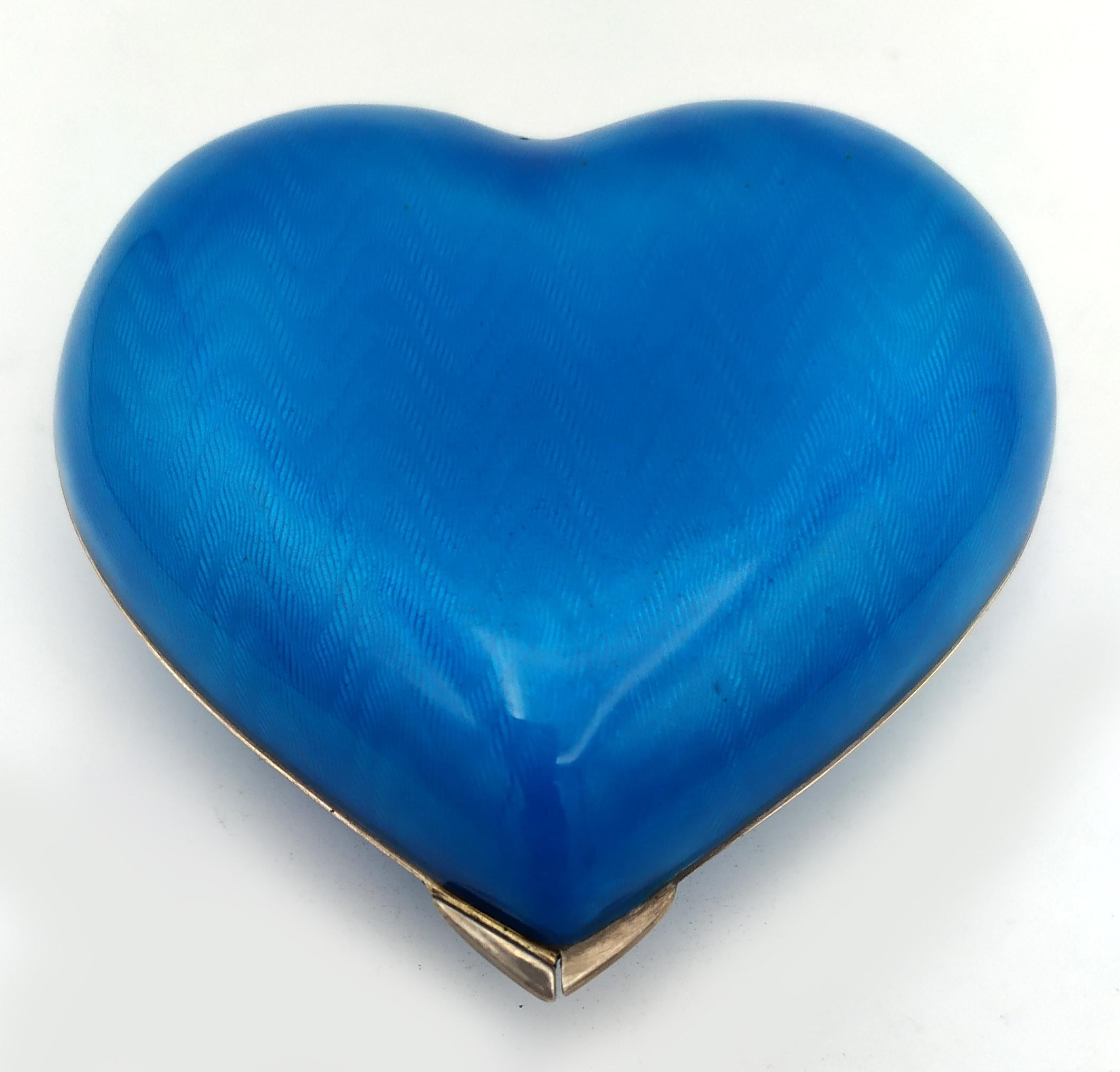 Enameled Table Box Heart shape Sky tone fire-enameled on guilloche Salimbeni. For Sale