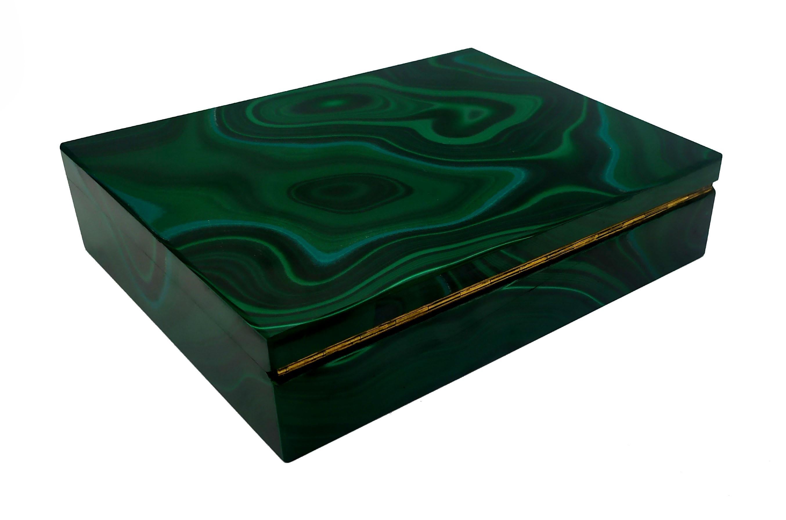 Art Deco Table Box in Malachite with Hinged Sterling Silver Salimbeni For Sale