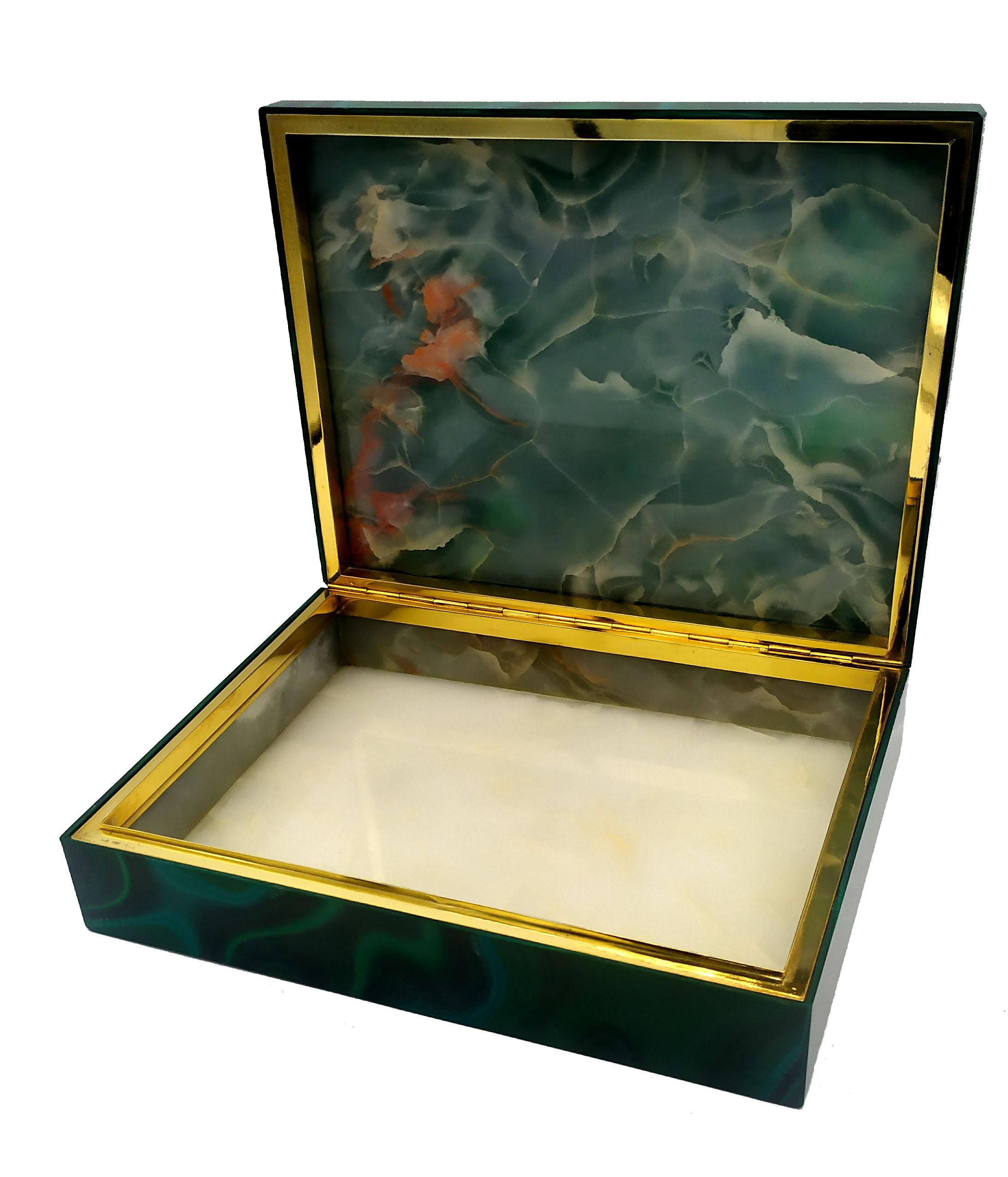 Italian Table Box in Malachite with Hinged Sterling Silver Salimbeni For Sale