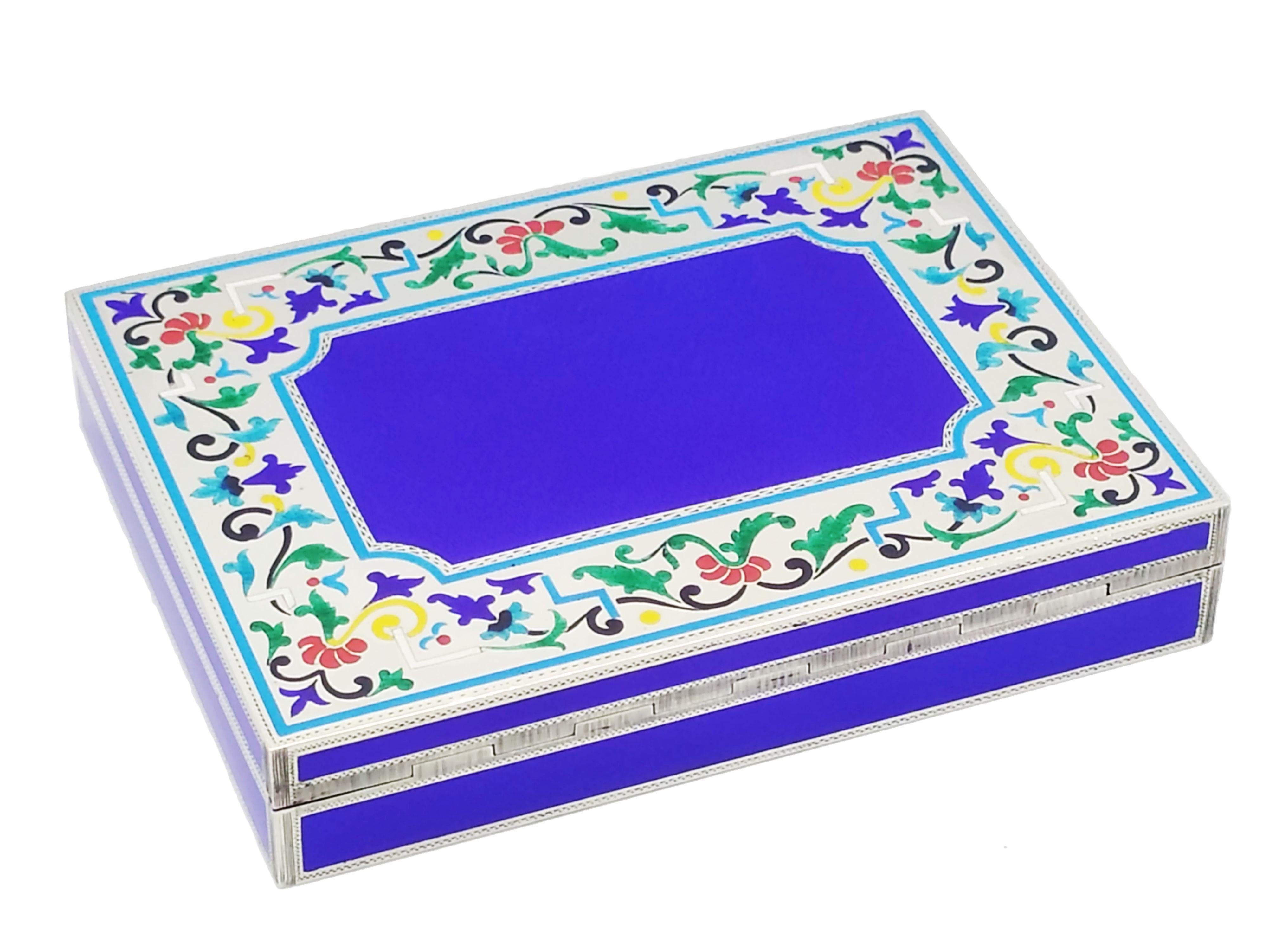 Jugendstil 925/1000 sterling silver cigarette case with hand-painted fired enamelled floral miniatures inserted in frames with hand-engraved borders, above and below. Spring-loaded snap opening with button and “lost” hinge, ie semi-invisible.
