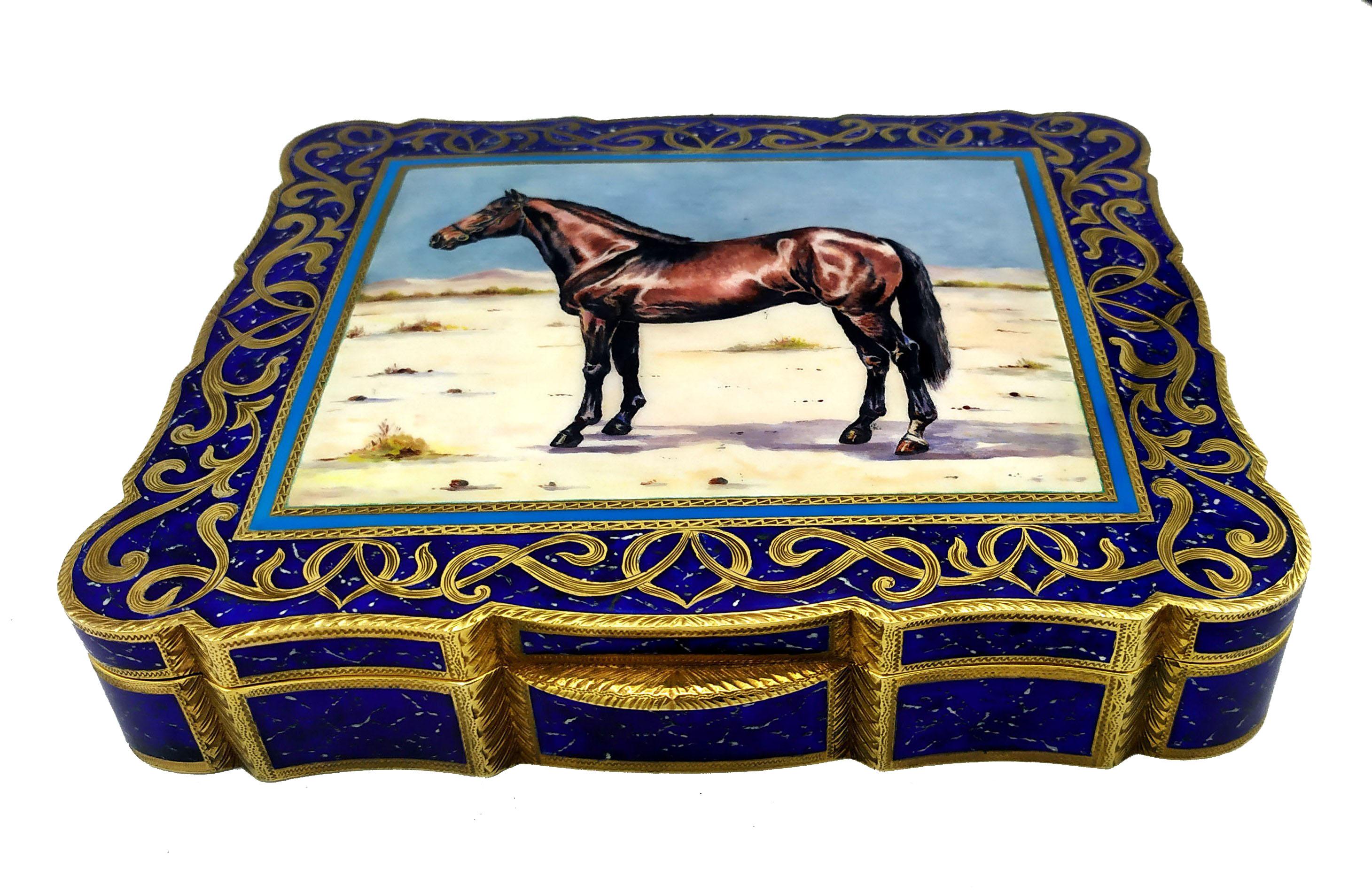 Shaped rectangular table box in 925/1000 sterling silver gold plated with fine hand-etched fire-enameled engraving painted like lapis lazuli stone and beautiful miniature hand-enameled and hand-painted by the painter Renato Dainelli depicting a