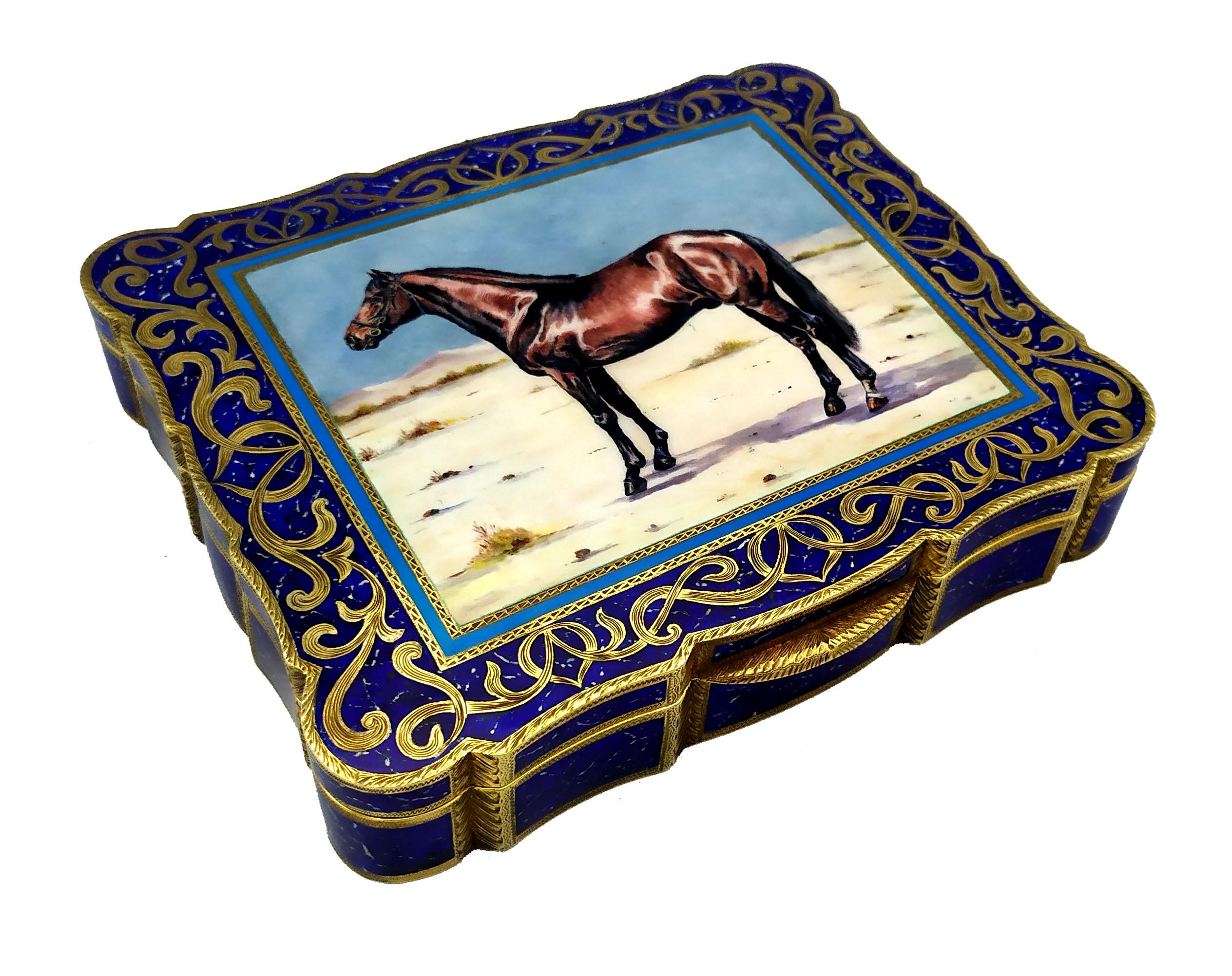 Islamic Table Box Magnificent Arabian Horse Fired Enamel Sterling Silver Salimbeni For Sale