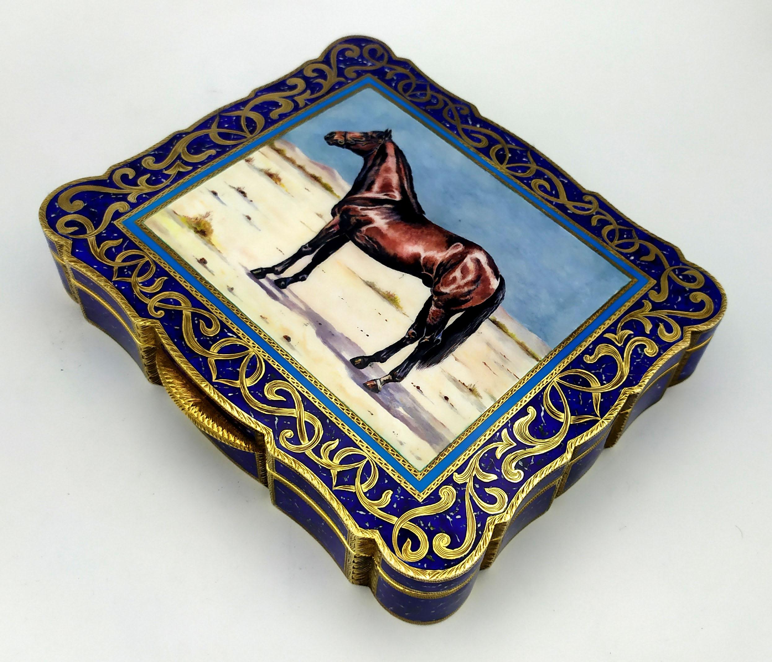 italien Magnifique boîte de table Salimbeni en argent sterling émaillé cuite à la cuisson d'un cheval arabe en vente