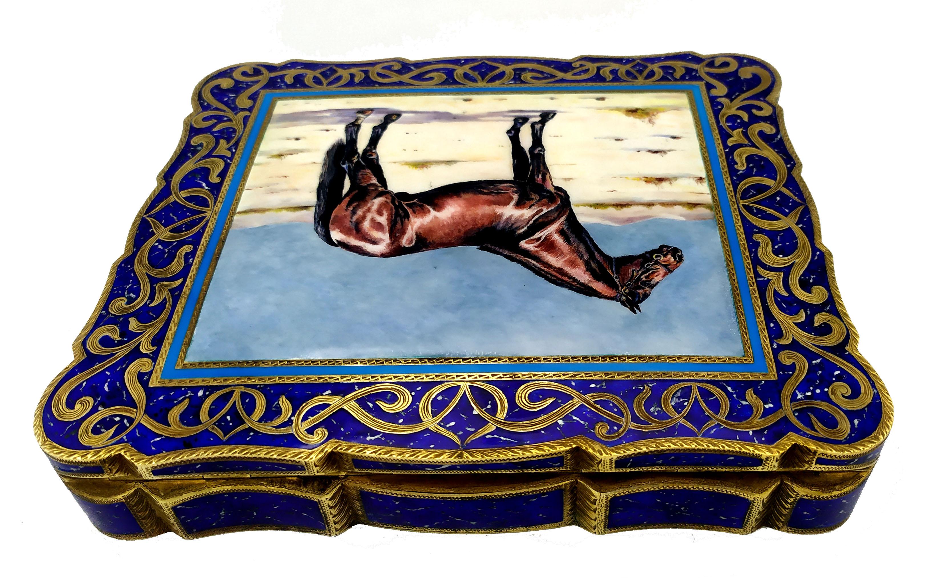 Islamic Table Box Magnificent Arabian Horse Fired Enamel Sterling Silver Salimbeni For Sale
