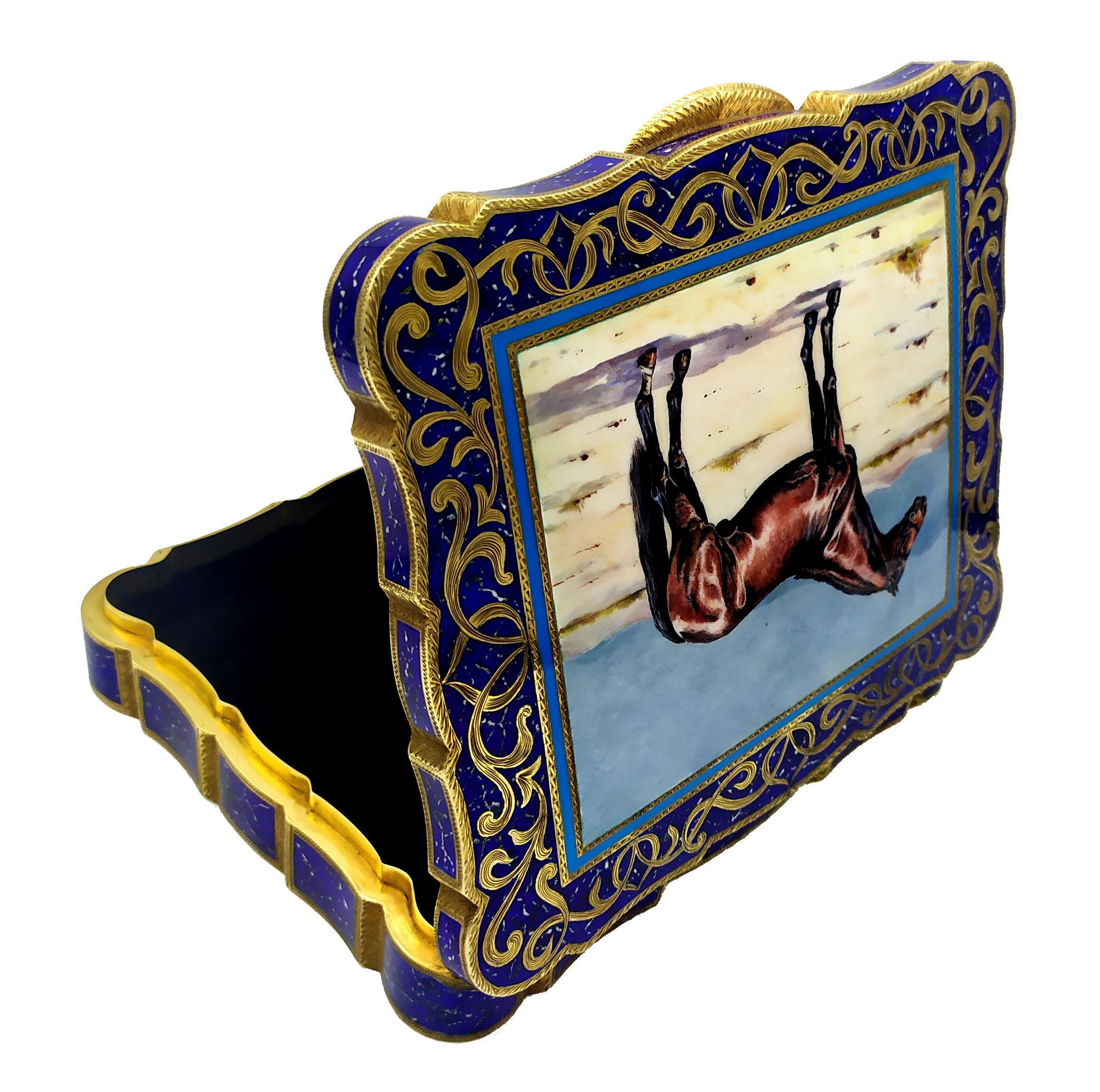 Late 20th Century Table Box Magnificent Arabian Horse Fired Enamel Sterling Silver Salimbeni For Sale