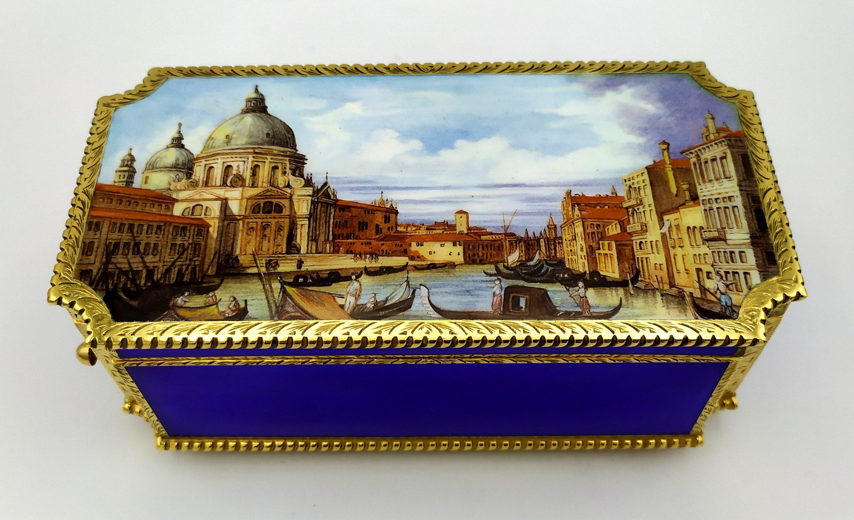 Table Box mechanical musical movement and miniature fired enamel Salimbeni For Sale 2