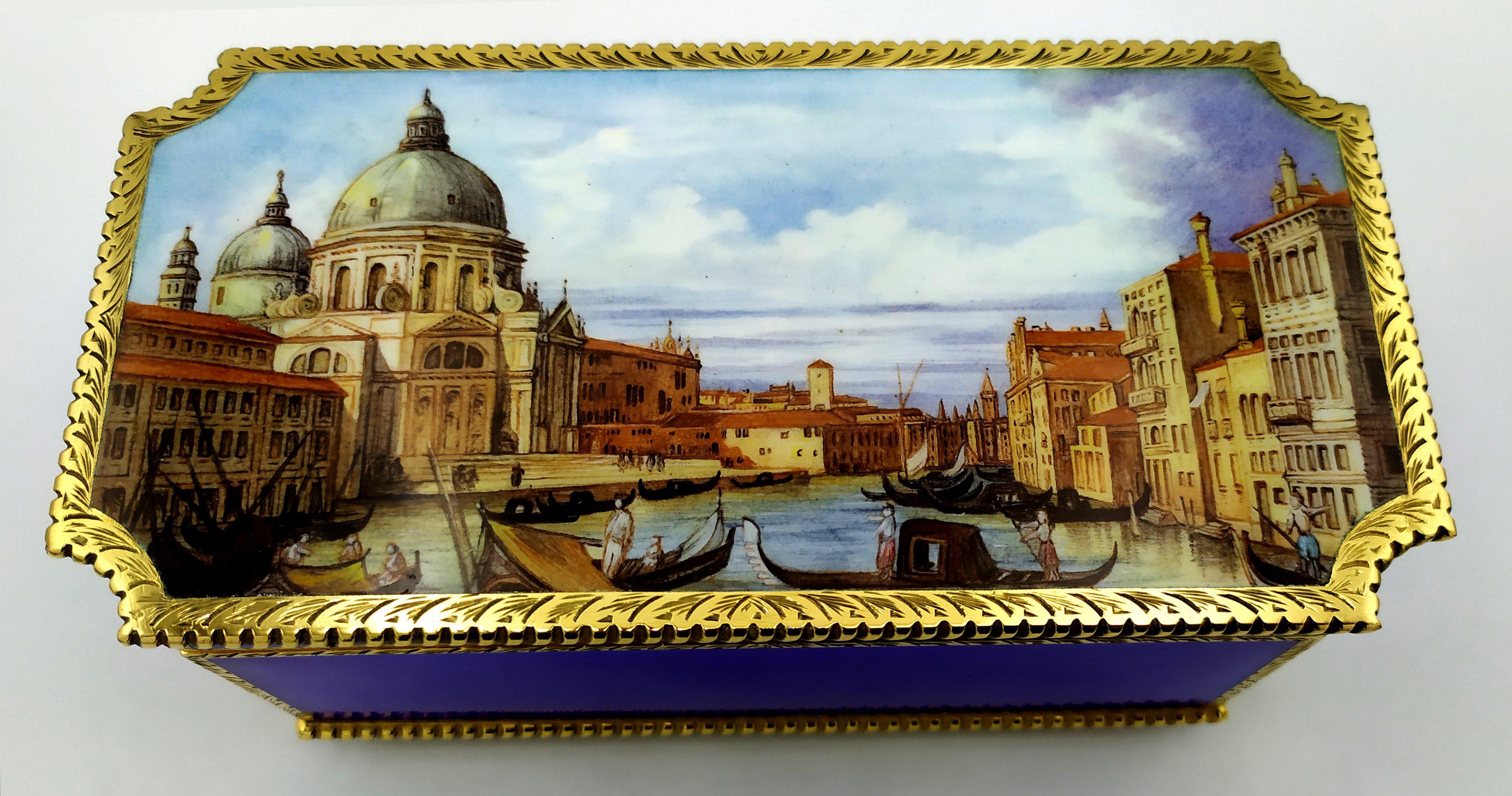 Table Box mechanical musical movement and miniature fired enamel Salimbeni For Sale 3