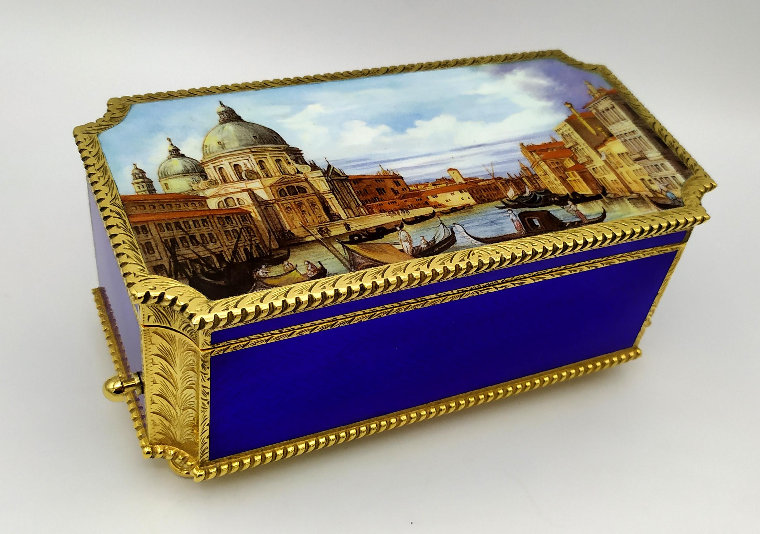 Table Box mechanical musical movement and miniature fired enamel Salimbeni For Sale 4