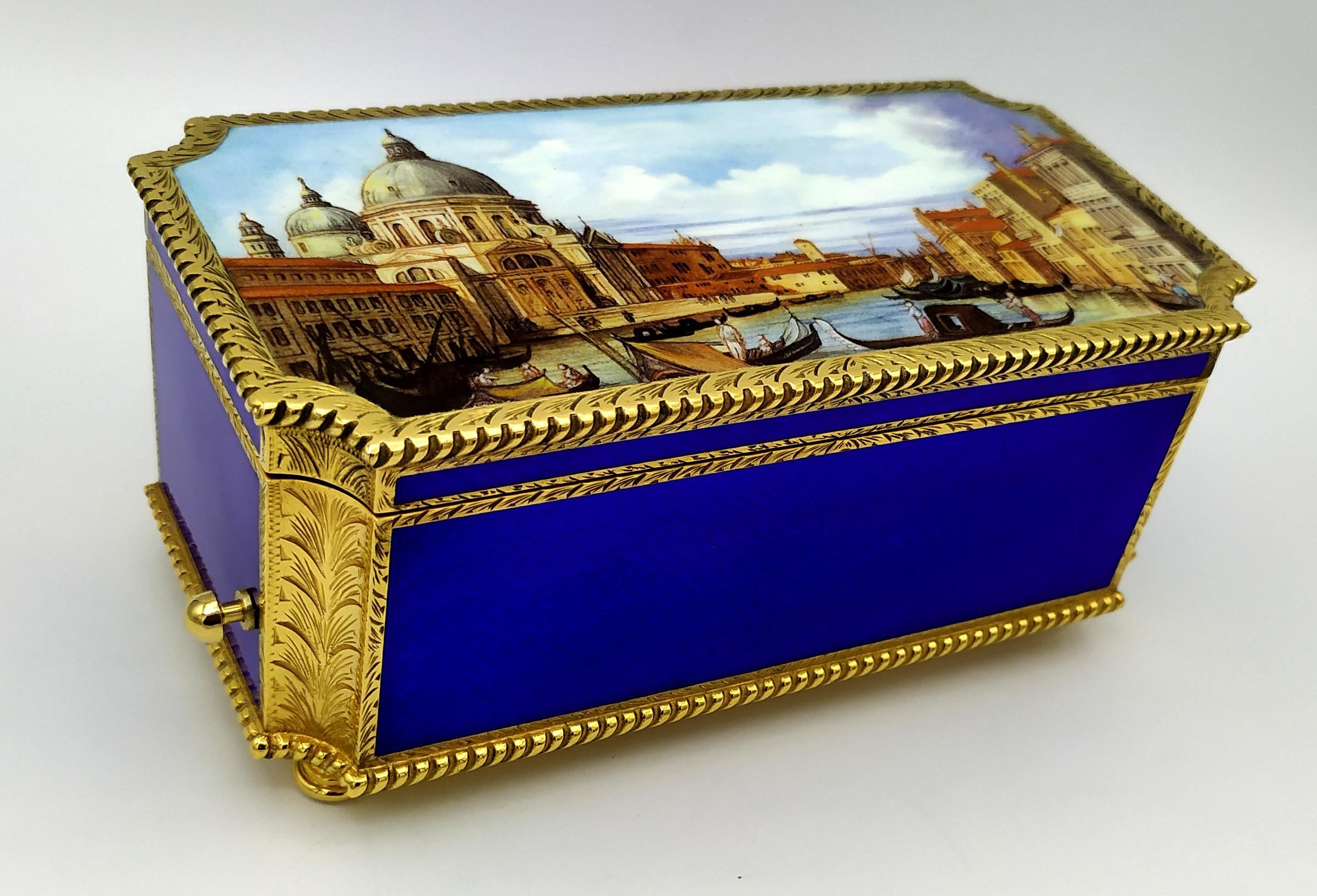 Table Box mechanical musical movement and miniature fired enamel Salimbeni For Sale 5