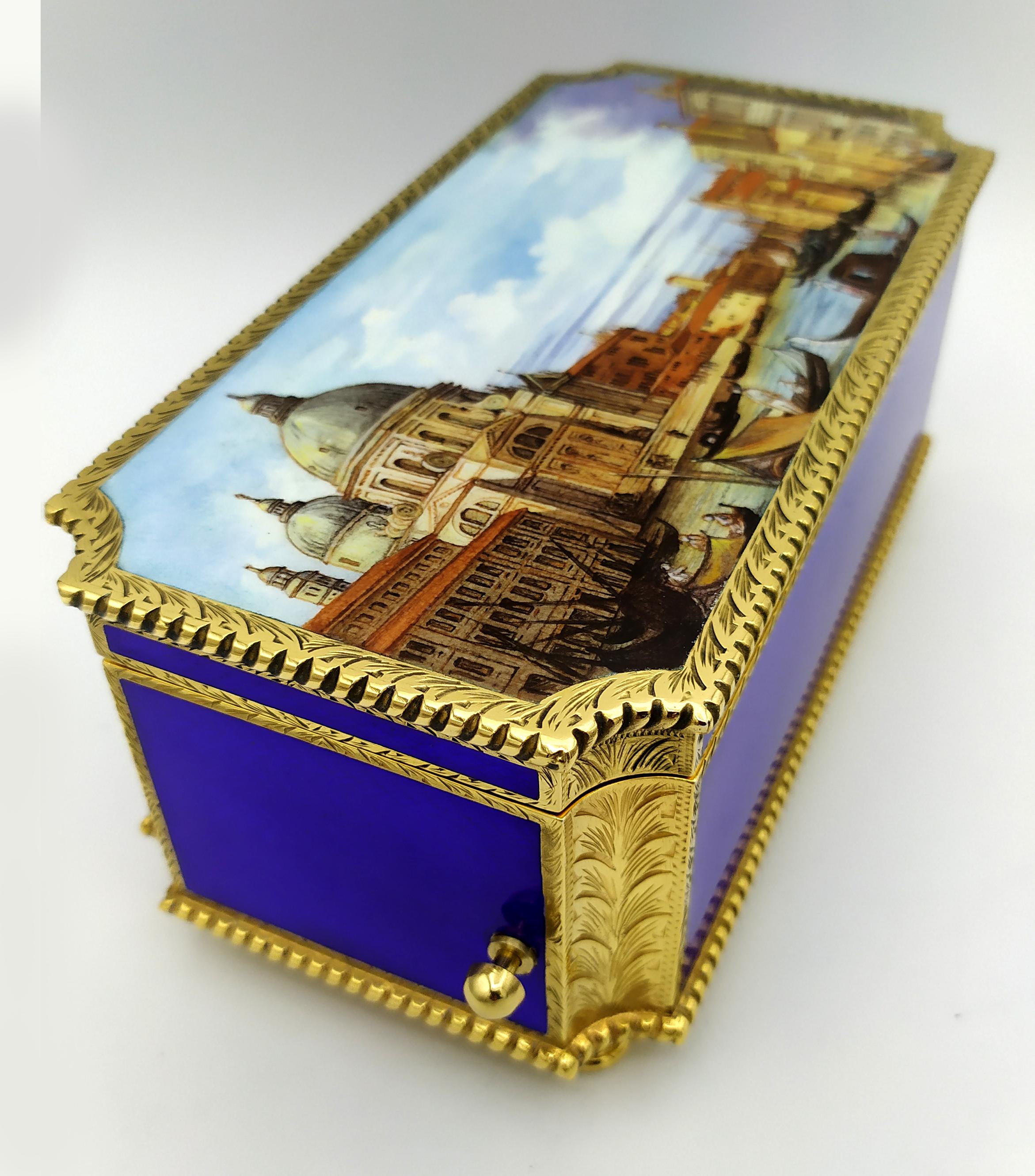 Table Box mechanical musical movement and miniature fired enamel Salimbeni For Sale 6