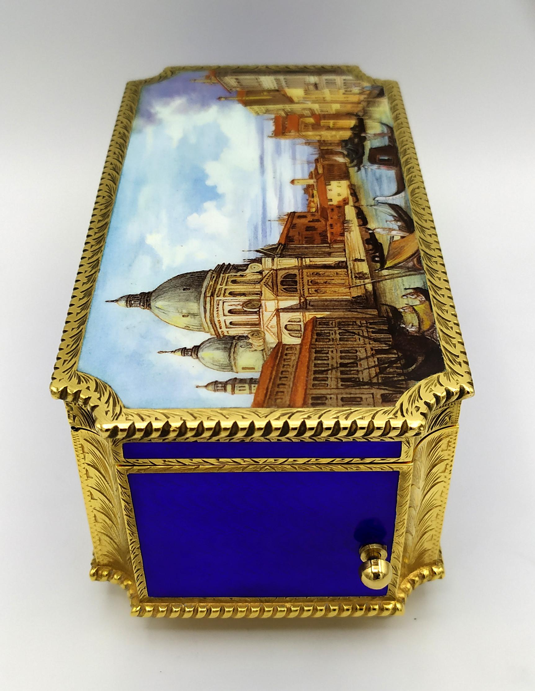 Table Box mechanical musical movement and miniature fired enamel Salimbeni For Sale 7
