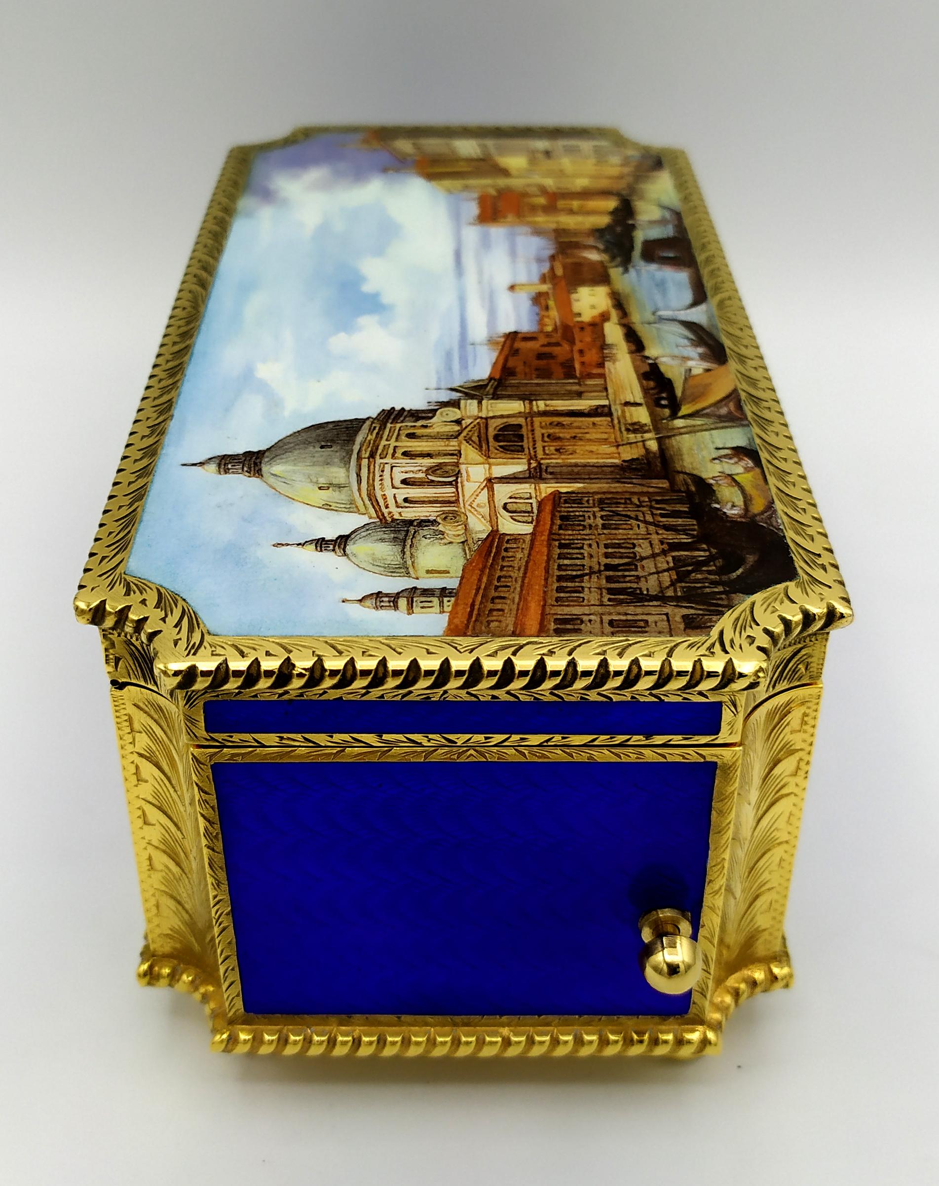 Table Box mechanical musical movement and miniature fired enamel Salimbeni For Sale 8