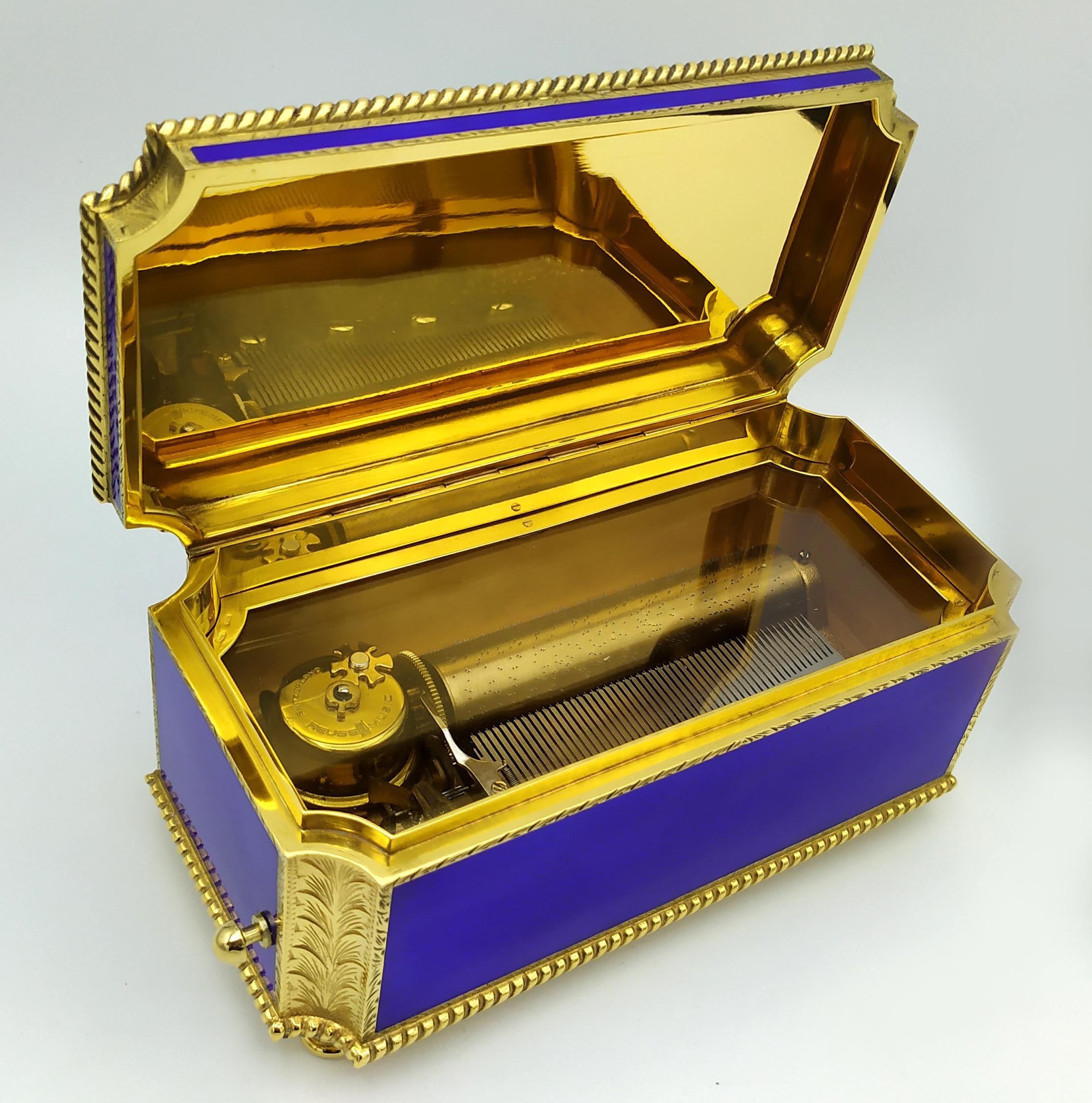 Mid-Century Modern Table Box mechanical musical movement and miniature fired enamel Salimbeni For Sale